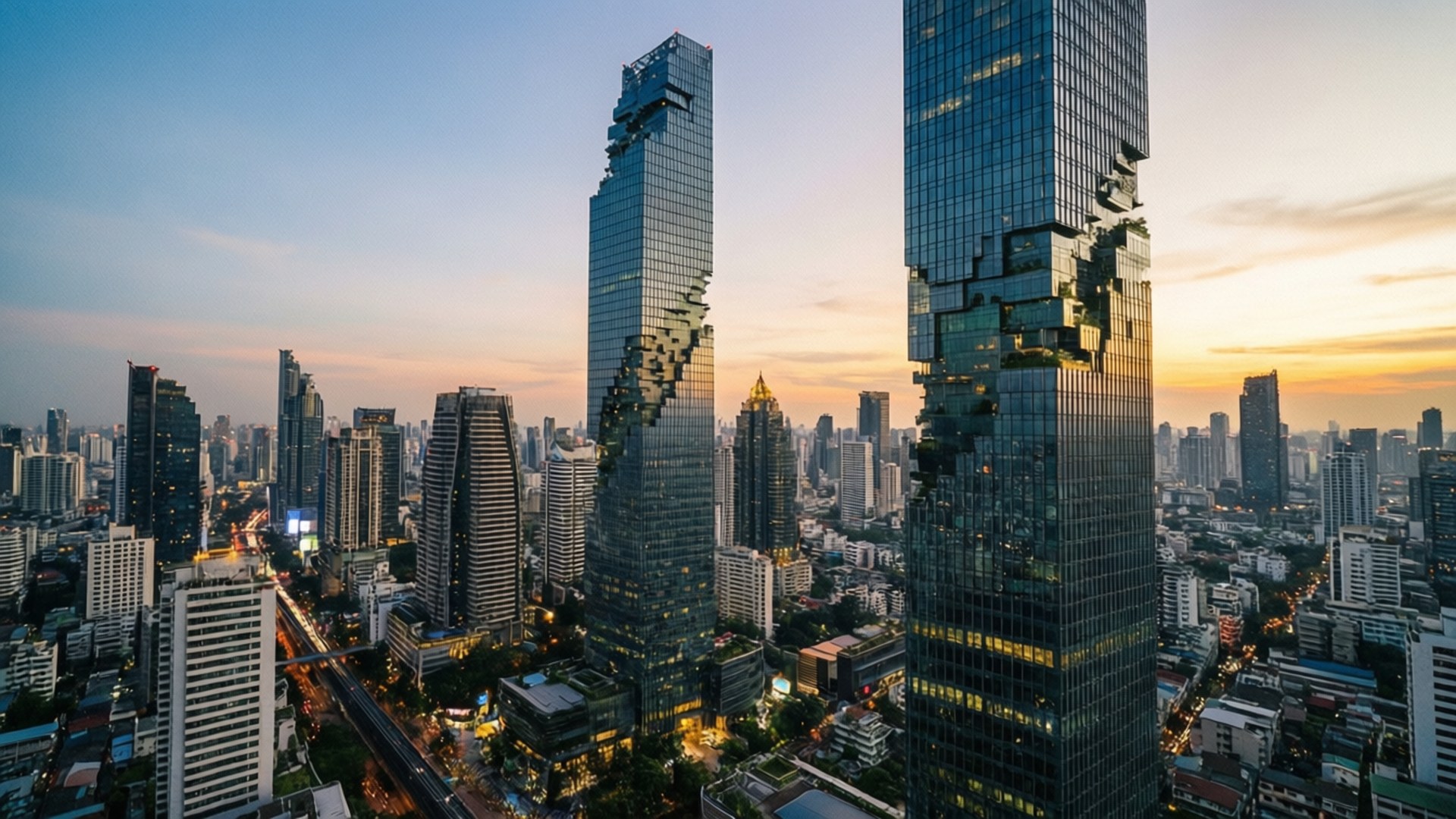 MahaNakhon Sunset 壁紙 — 兩座玻璃摩天大樓，帶有鋸齒狀破碎的立面設計，在日落時分主導著廣闊的城市景觀。