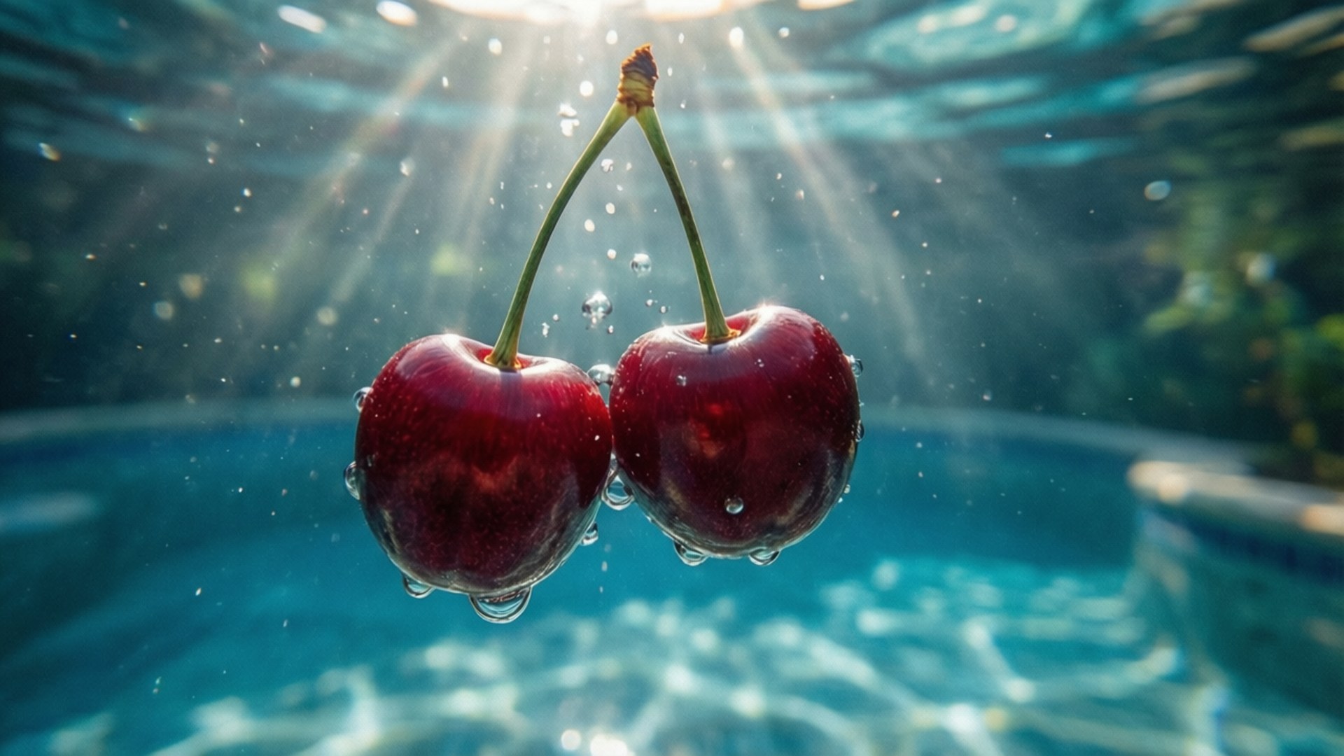 Cherries Underwater 壁紙 — 兩顆光澤的紅色櫻桃懸掛在游泳池的水下，陽光穿透水面。