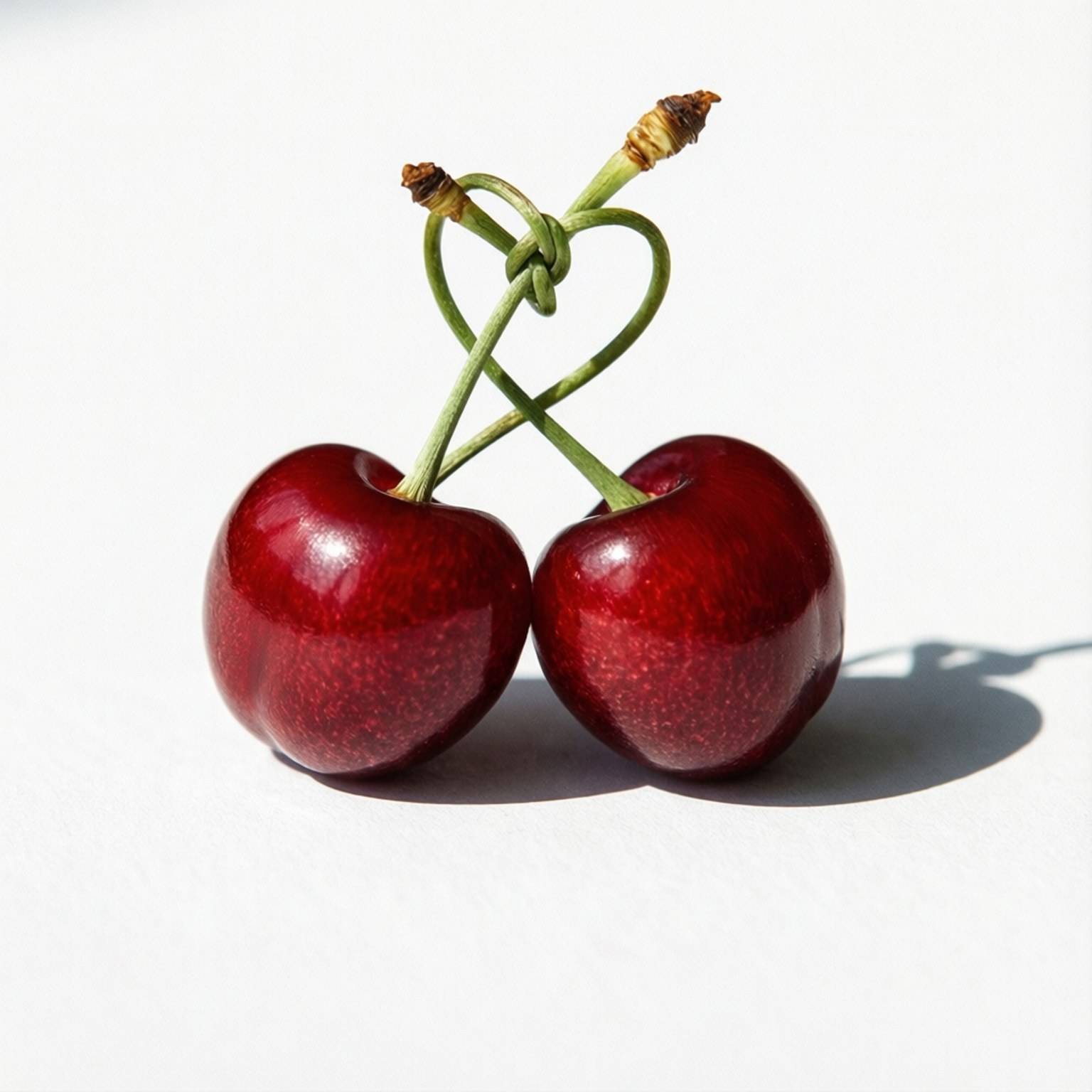 Cherry Heart 壁紙 — 兩顆光澤的紅色櫻桃，莖部交纏形成心形，襯以純白背景。