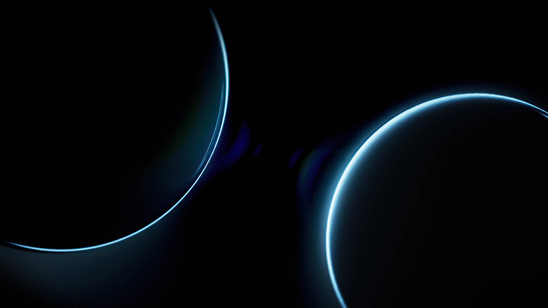 兩個發光的藍色彎曲弧線漂浮在黑暗虛空中，帶有色差 — Windows 11 壁紙