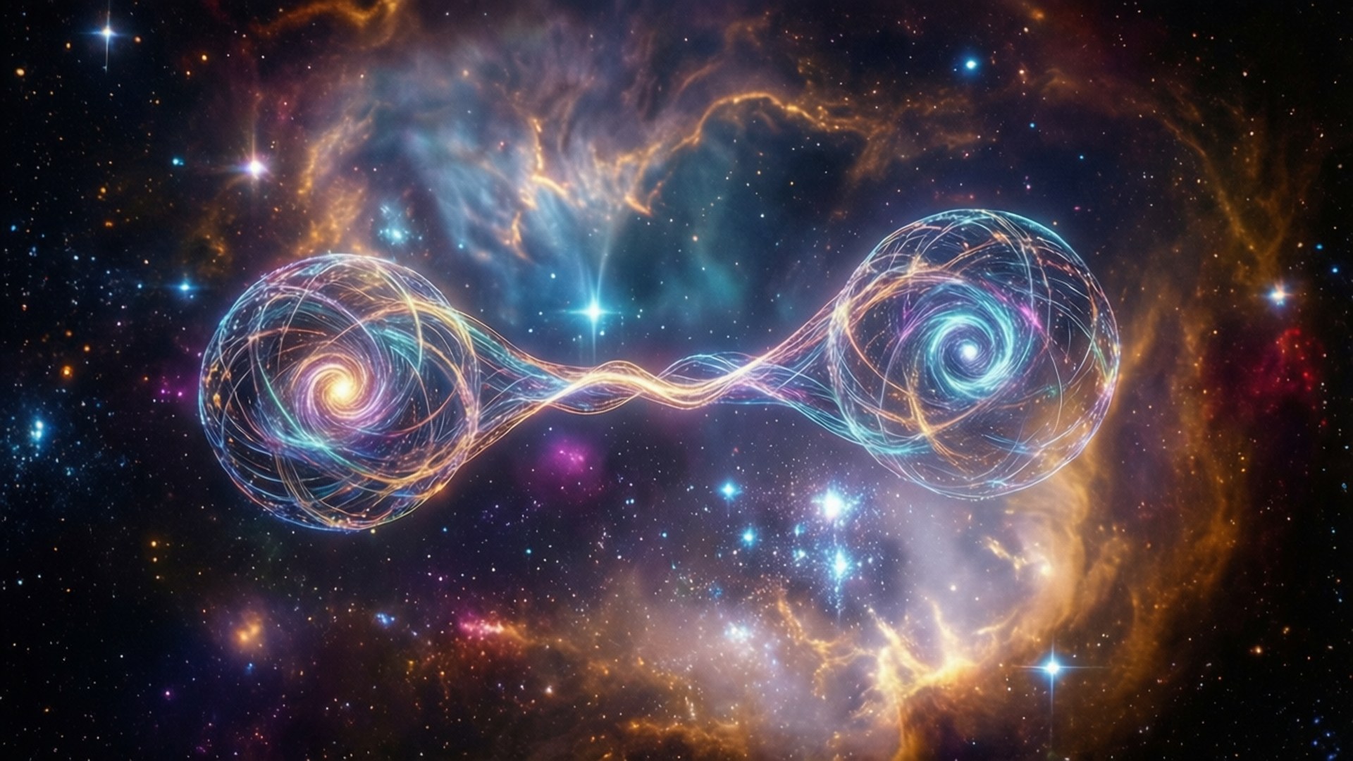 Quantum Physics 桌布 壁紙 — 兩個發光的宇宙球體由旋轉的能量橋連接，漂浮在充滿活力的星雲和閃爍的星星之間。
