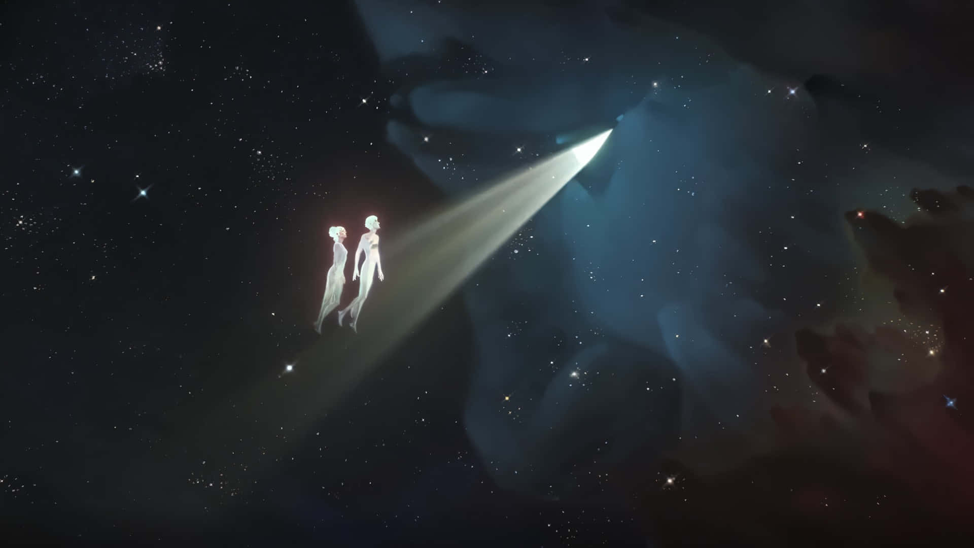  壁紙 — 兩個發光的人影漂浮在星光燦爛的宇宙虛空中，被一道穿透星雲的耀眼光芒照亮。