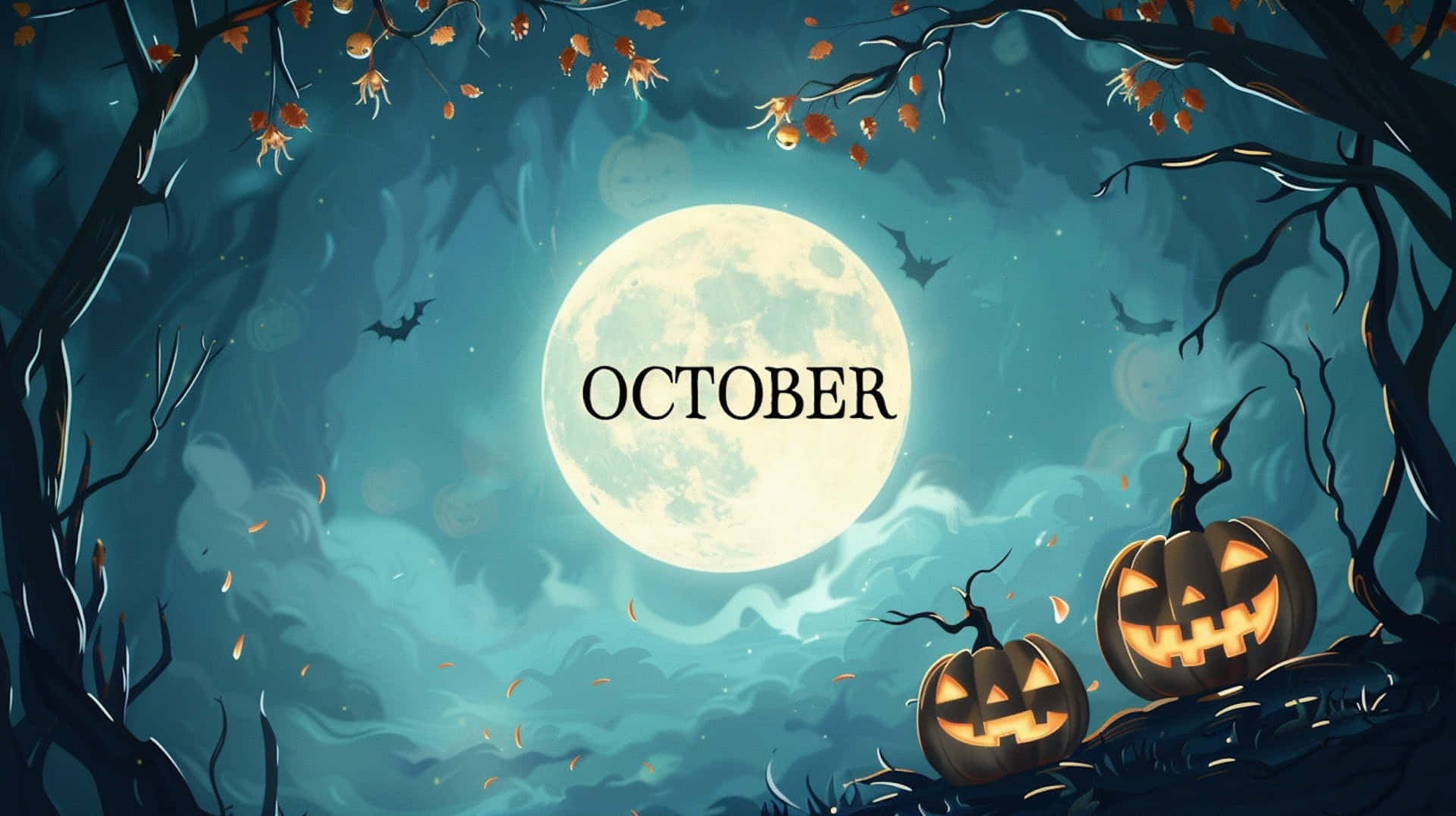 October Desktop 桌布 壁紙 — 兩個發光的傑克南瓜燈在滿月下，處於一個有落葉和飛蝙蝠的恐怖森林中。