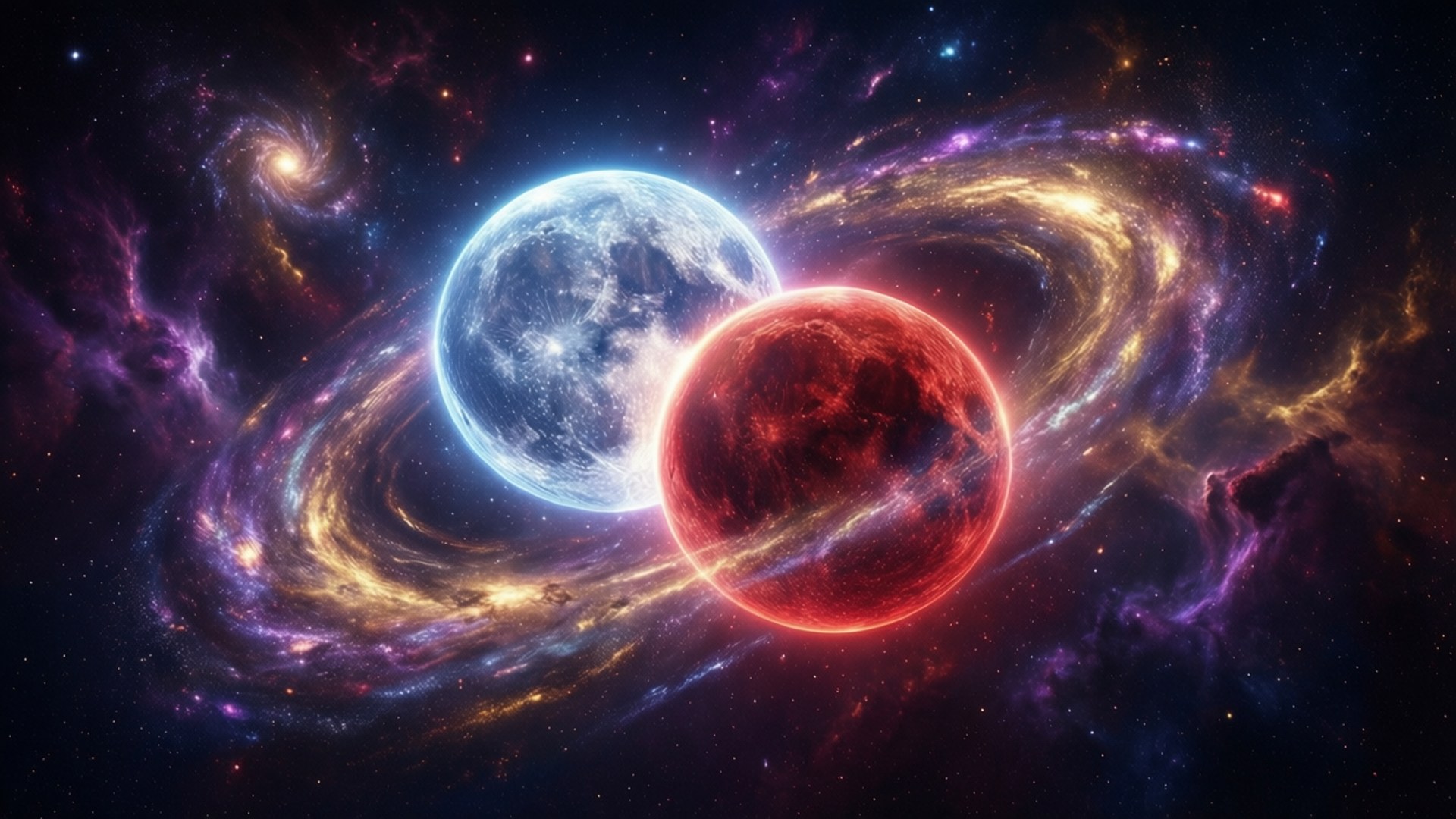 Binary Star 桌布 壁紙 — 兩顆發光的行星——一藍一紅——在一個充滿恆星和鮮豔紫色、金色和橙色雲層的旋轉宇宙星雲中運行。