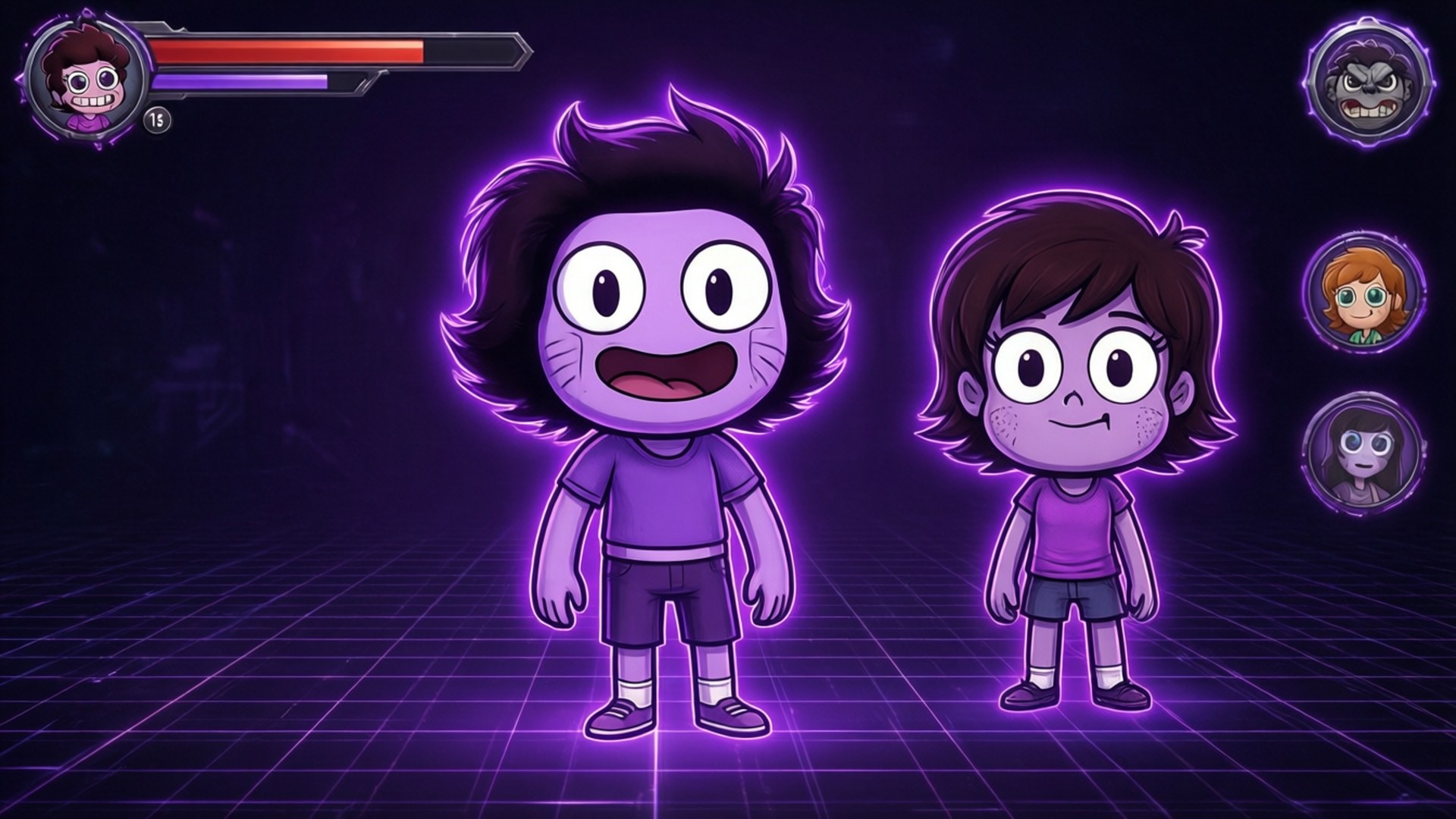 Purple Game Eddsworld 壁紙 — 兩個發光的紫色卡通人物站在霓虹網格上，周圍環繞著遊戲UI元素。