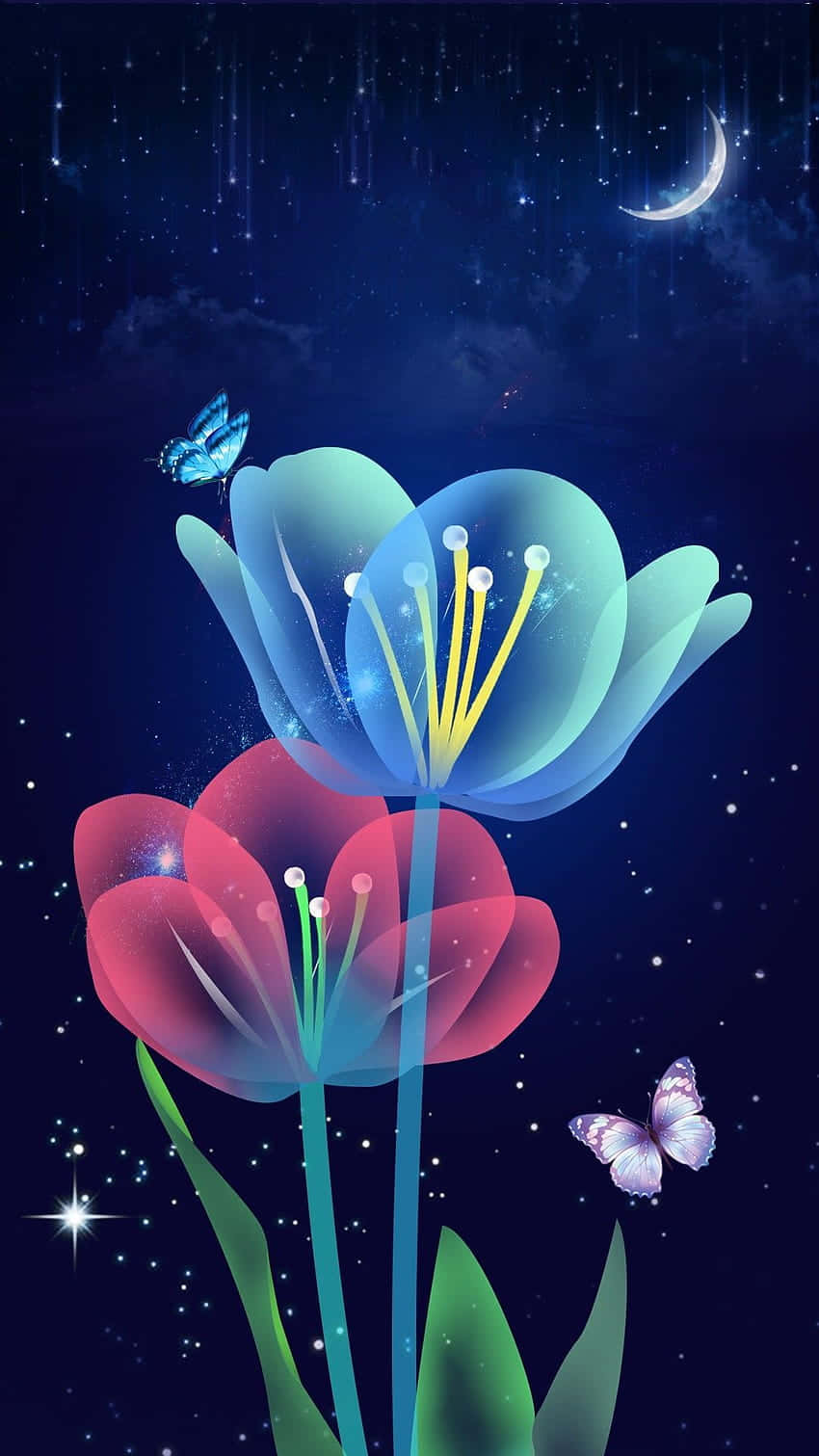  壁紙 — 兩朵發光的半透明花朵在星空夜空下綻放，伴隨著新月和飛舞的蝴蝶。