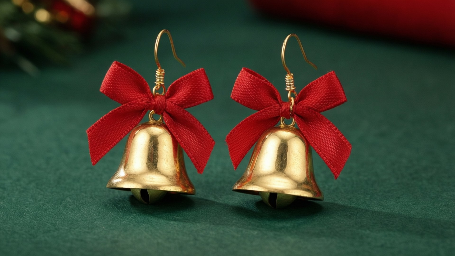 Christmas Earring Free 桌布 壁紙 — 兩個帶有紅色蝴蝶結的金色鈴鐺耳環放在深綠色布料表面上。