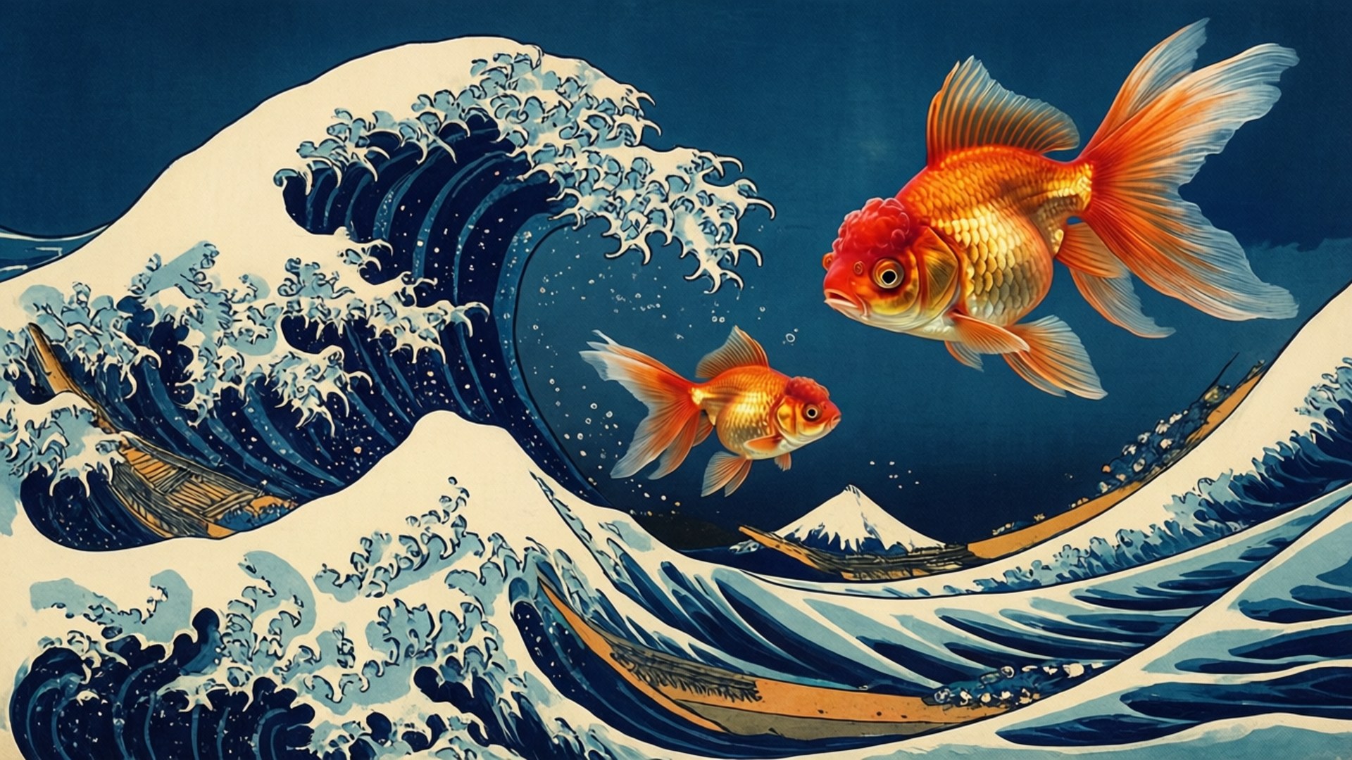 Japanese Wave Goldfish 壁紙 — 兩條金色魚在雪山下方穿過高聳的藍色波浪，帶有白色泡沫和傳統船隻。
