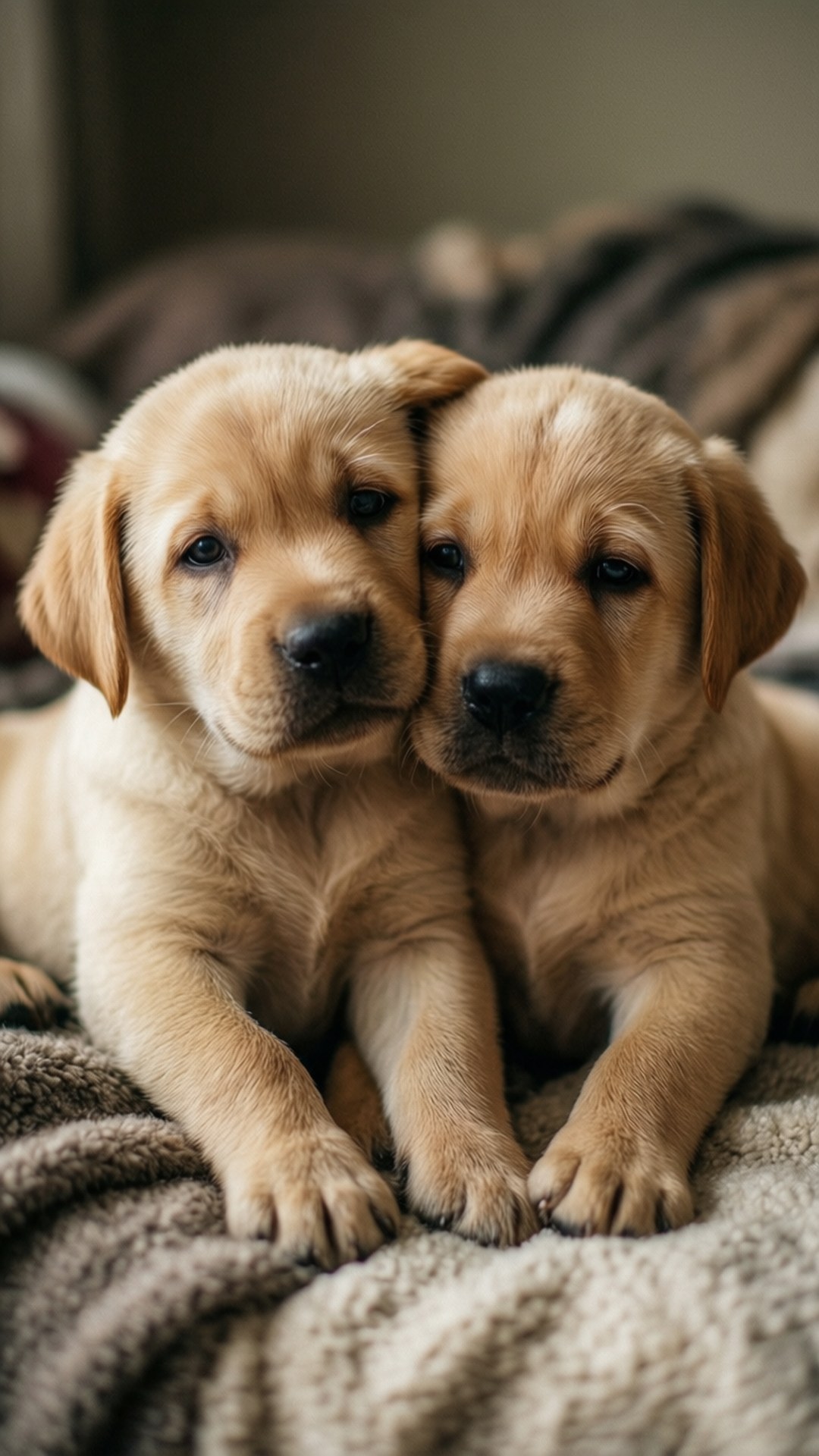 摯友 桌布 壁紙 — 兩隻黃金獵犬幼犬在柔軟有質感的毛毯上，在溫暖舒適的燈光下緊緊依偎。