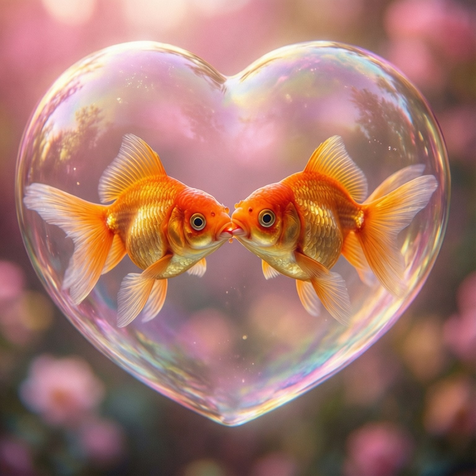 Kissing Goldfish Romance 壁紙 — 兩條金魚在閃爍的心形氣泡內依偎，背景是柔和的粉紅花卉。