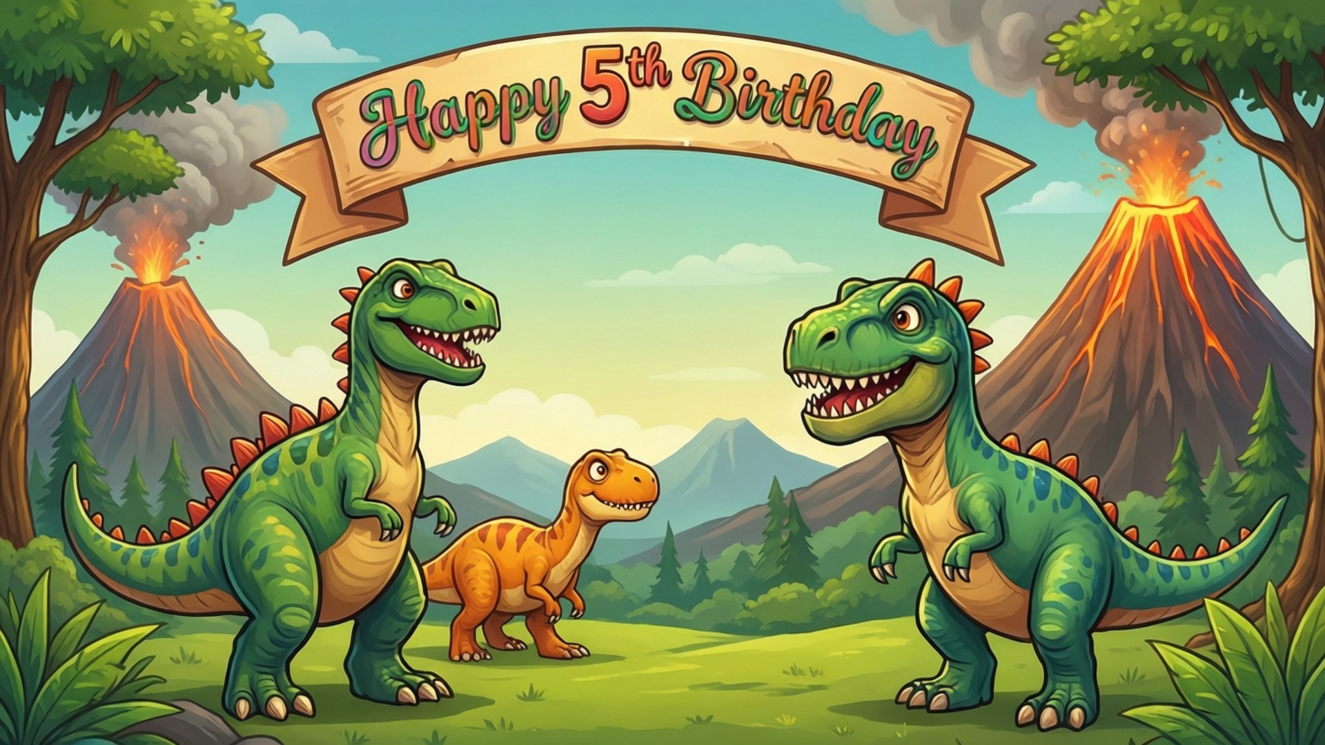 5th Birthday 桌布 壁紙 — 兩隻綠色恐龍和一隻小橙色恐龍在背景有火山爆發的橫幅下慶祝5歲生日。