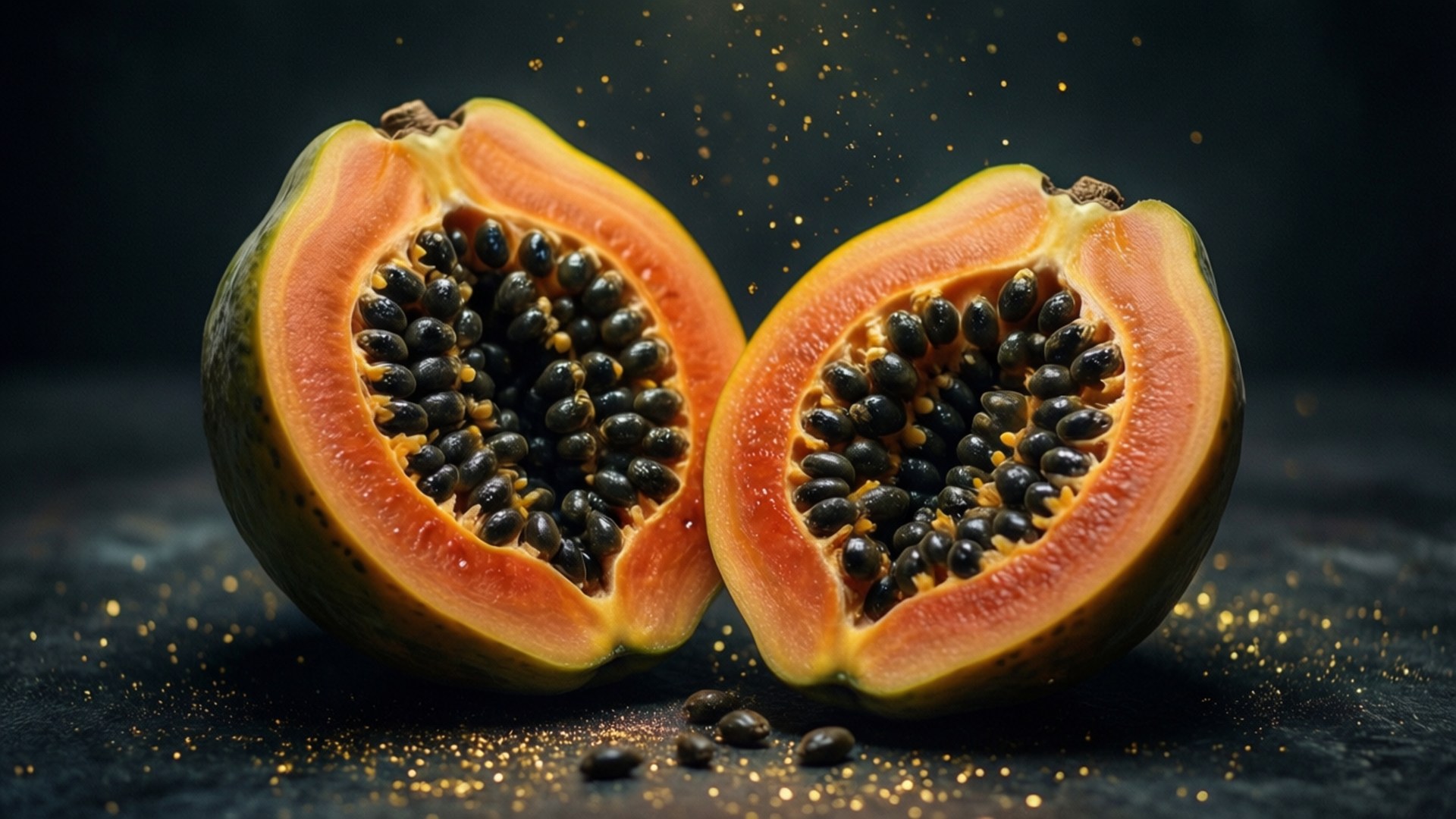 Pawpaw 桌布 壁紙 — 兩個成熟的木瓜切半，露出多汁的橙色果肉和黑色種子，背景為深色並帶有金色閃粉。