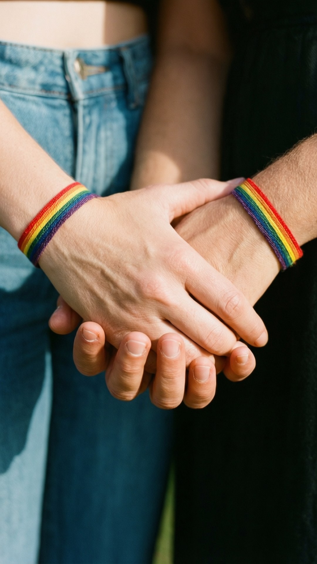 Intimate Rainbow Hands 壁紙 — 兩隻手緊握在一起，戴著彩虹驕傲手環，背景是牛仔布和深色布料。