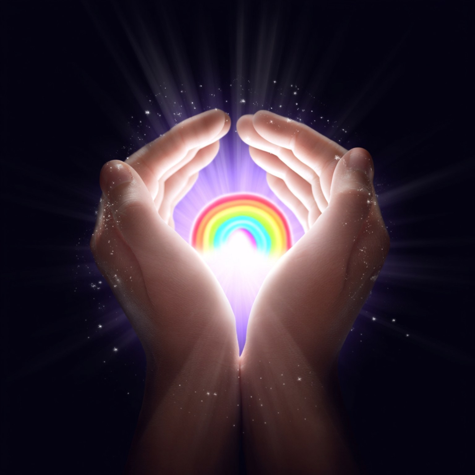 Glowing Rainbow Orb 壁紙 — 兩隻手捧著一個發光的彩虹，在黑暗的背景下發出耀眼的光芒和閃爍的粒子。