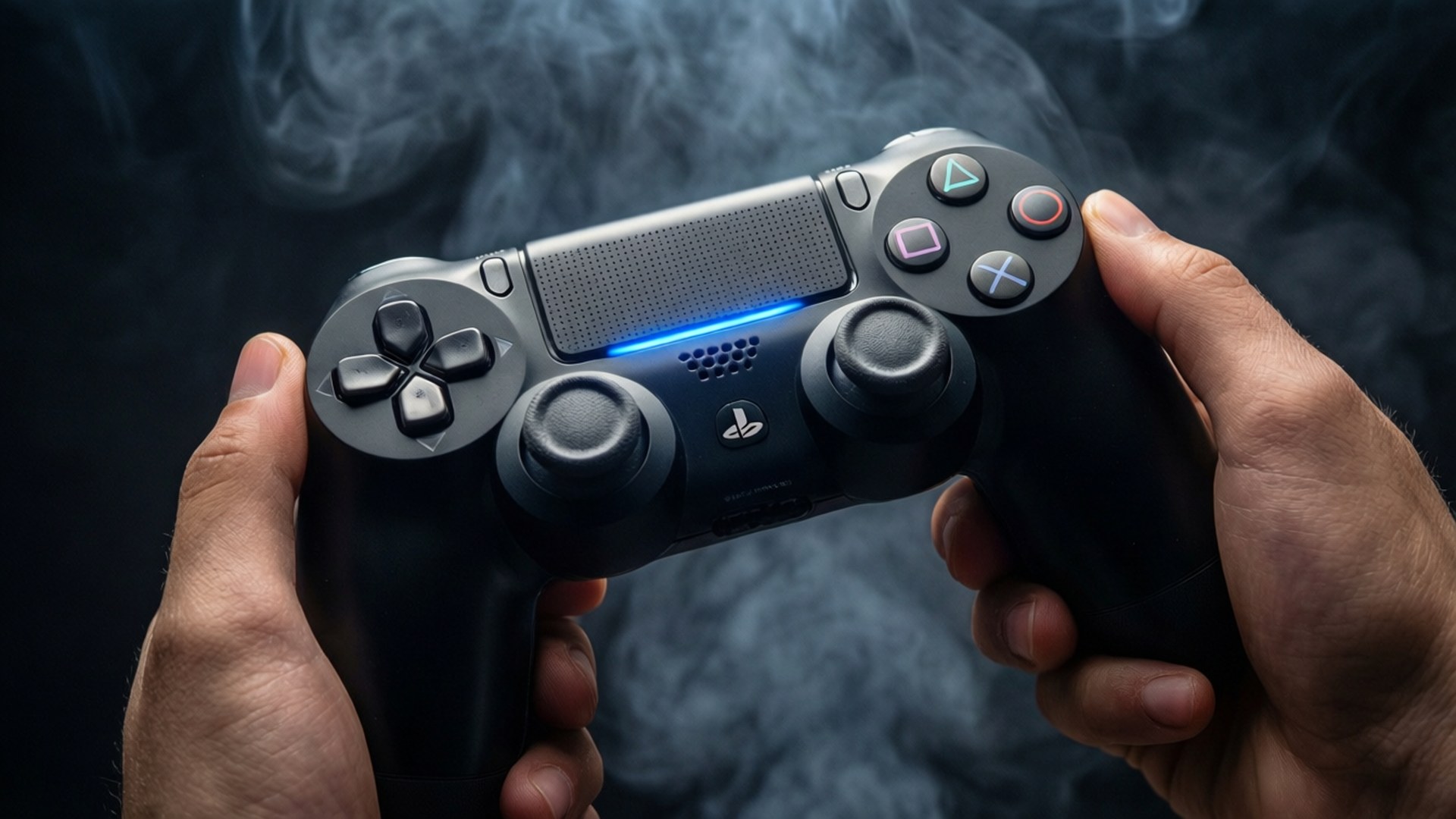 DualShock 4 Focus 壁紙 — 兩隻手抓住一個黑色的PlayStation控制器，在煙霧瀰漫的黑暗背景中發出藍光。