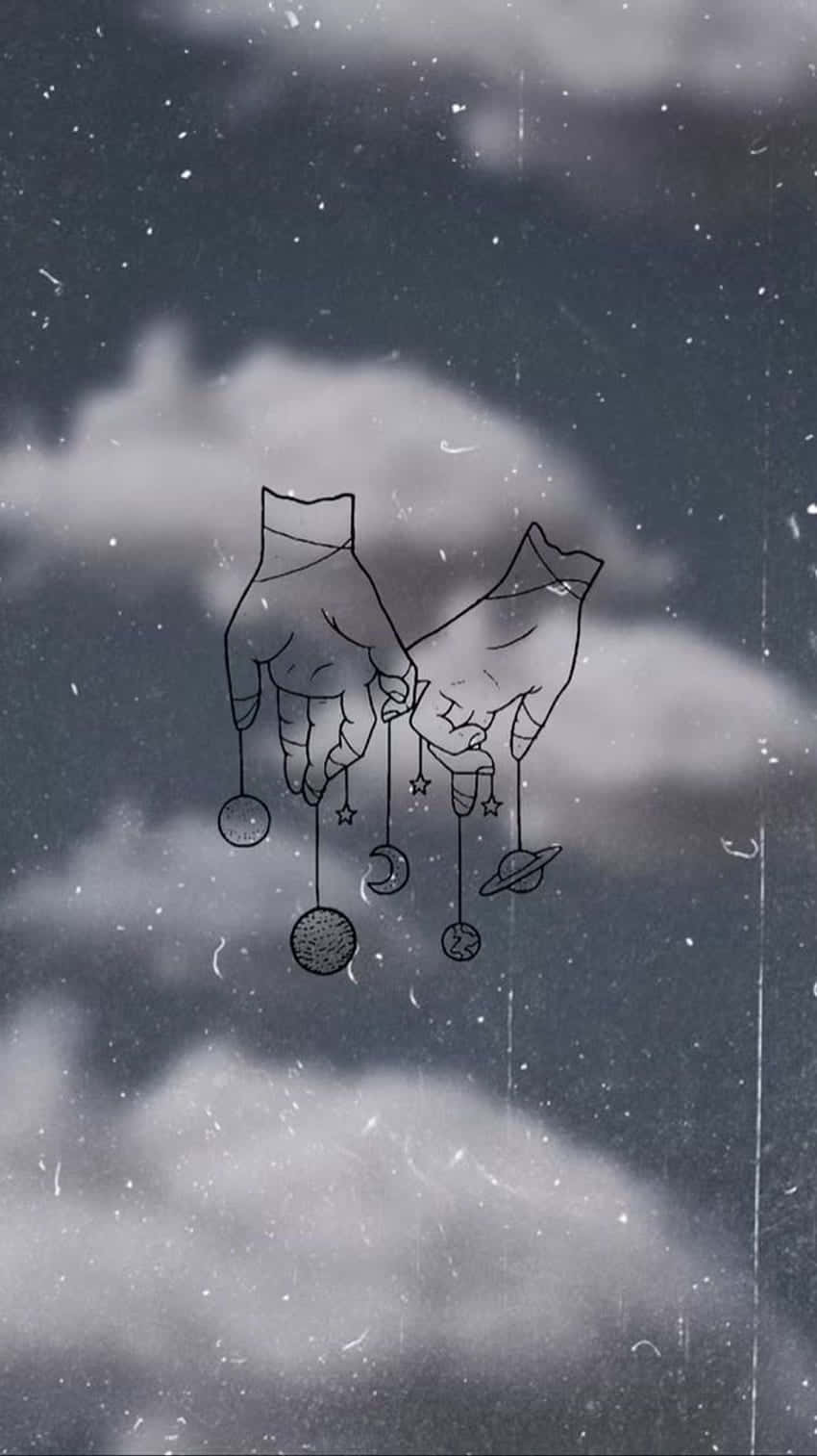  壁紙 — 兩隻手托住天體，如行星和月球，背景是多雲的星空，帶有復古底片顆粒效果。