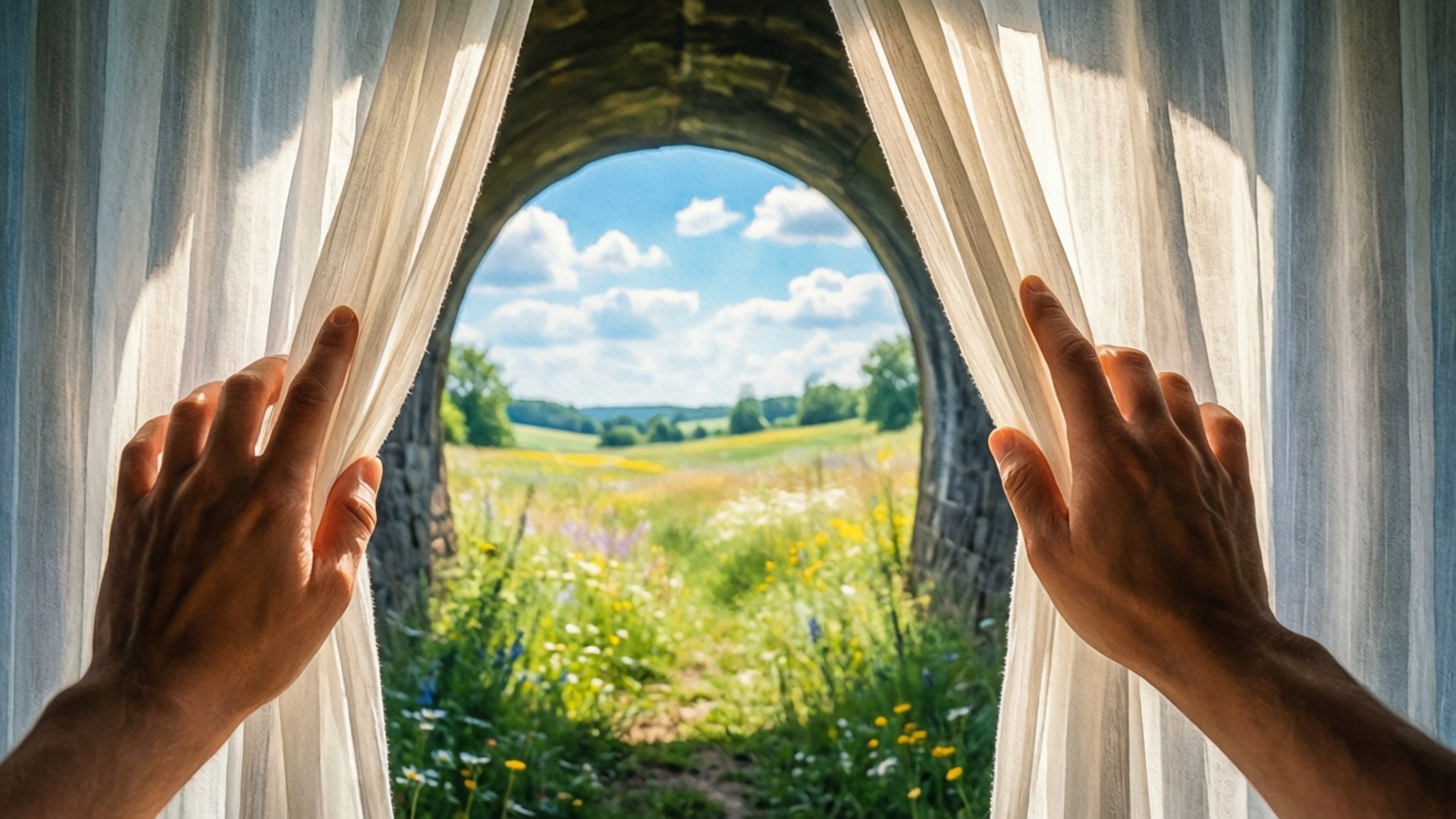 The Tunnel To Summer, The Exit Of Goodbyes 桌布 壁紙 — 兩隻手拉開薄紗窗簾，露出一個陽光普照的石拱門，框住一片充滿活力的草地，上方是藍天和白雲。