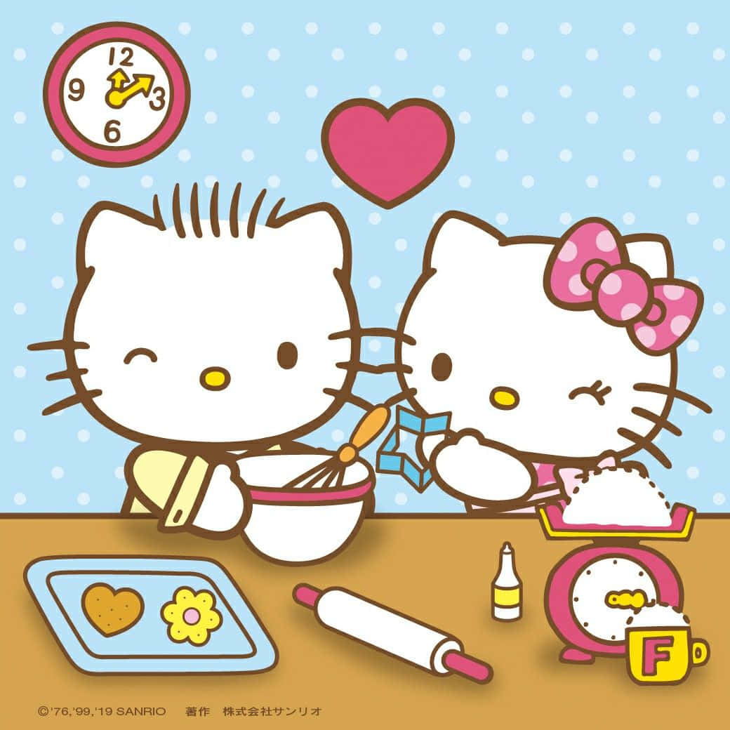 兩個Hello Kitty角色用烘焙工具和心形時鐘烤餅乾。 — Hello Kitty 壁紙