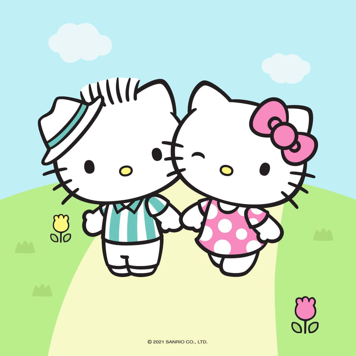 Dear Daniel 桌布 壁紙 — 兩個Hello Kitty角色在藍天白雲和彩色鬱金香的小徑上牽手。