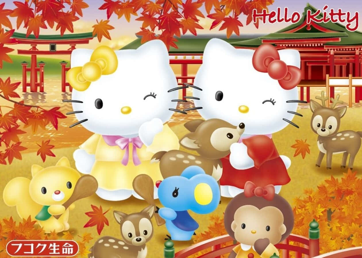 Hello Kitty和朋友們在日本神社附近的秋葉中。 — Hello Kitty 壁紙