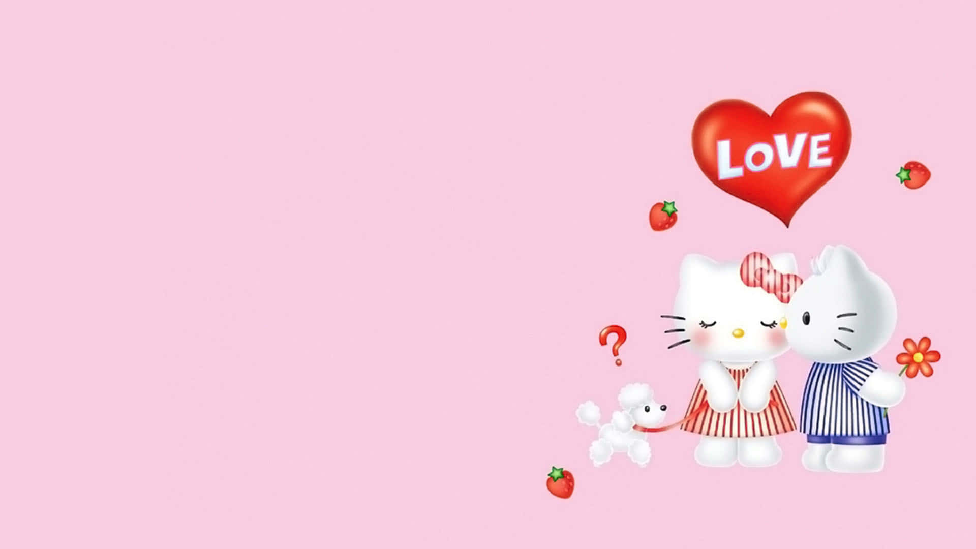 兩個Hello Kitty角色與一隻貴賓犬和一個標有LOVE的心形氣球，背景為粉紅色。 — Hello Kitty 壁紙