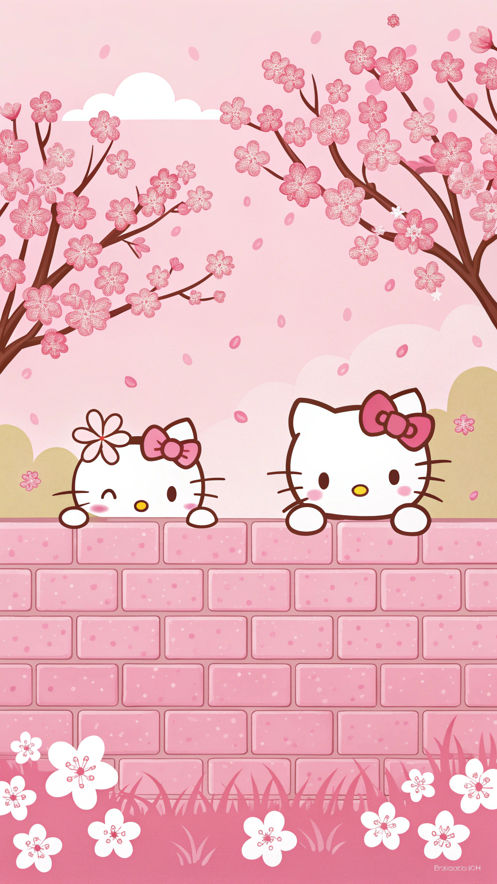 兩個Hello Kitty角色從粉紅磚牆上探出頭來，伴隨著櫻花 — Hello Kitty 壁紙