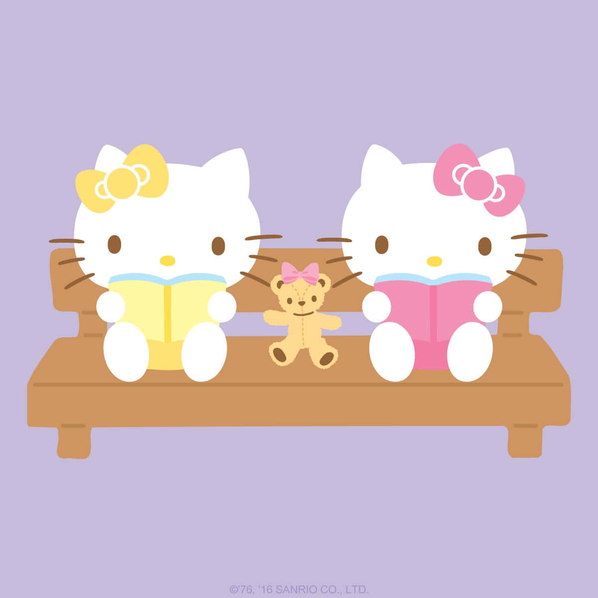 兩個Hello Kitty角色在長椅上閱讀書籍，中間有一隻泰迪熊。 — Hello Kitty 壁紙