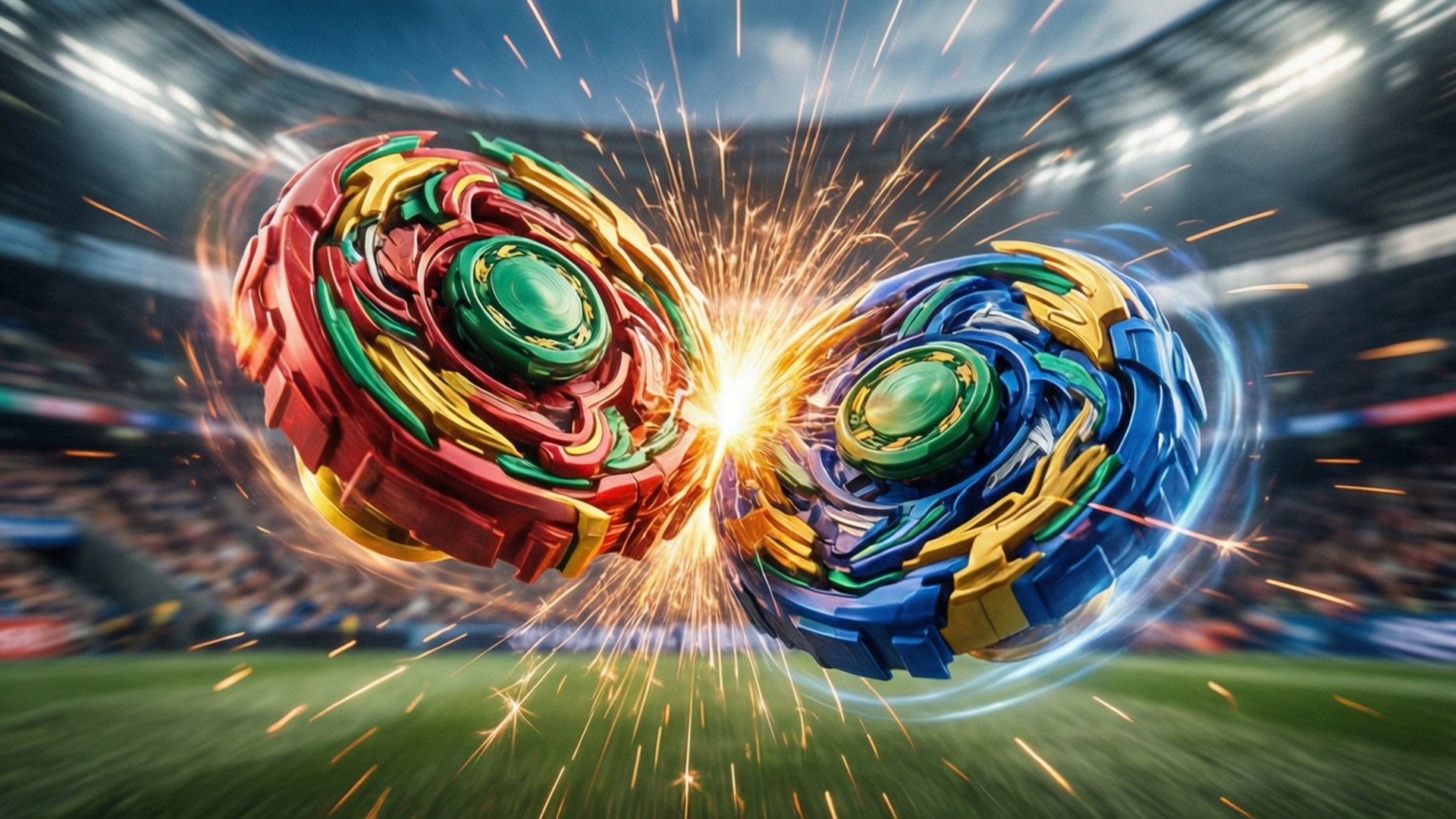 Beyblade Clash Impact 壁紙 — 兩個高速戰鬥的Beyblades在體育場中碰撞，火花四濺，動態模糊。