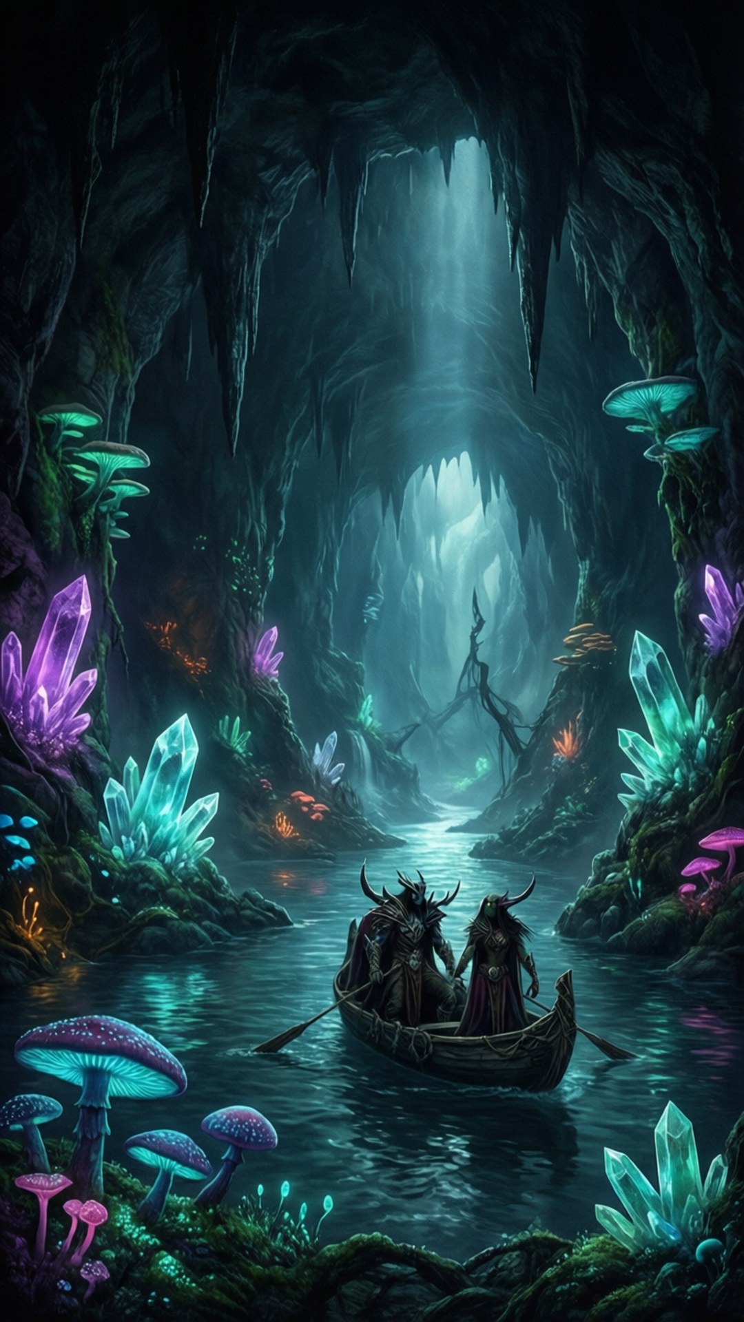 Journey in the Underdark 壁紙 — 兩個有角的人物划船穿過一個神秘的洞穴，洞穴中閃爍著紫色和藍綠色的水晶以及生物發光的真菌。