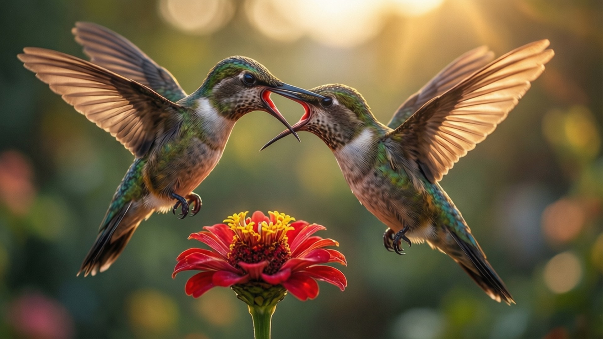 Mid-Air Duel 壁紙 — 兩隻蜂鳥在半空中盤旋，翅膀張開，在金色陽光背景下從鮮紅色的花朵中覓食。