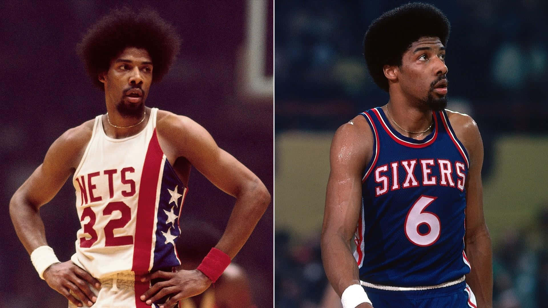 兩位傳奇籃球運動員穿著1970年代球隊制服在球場上擺姿勢。 — NBA 壁紙