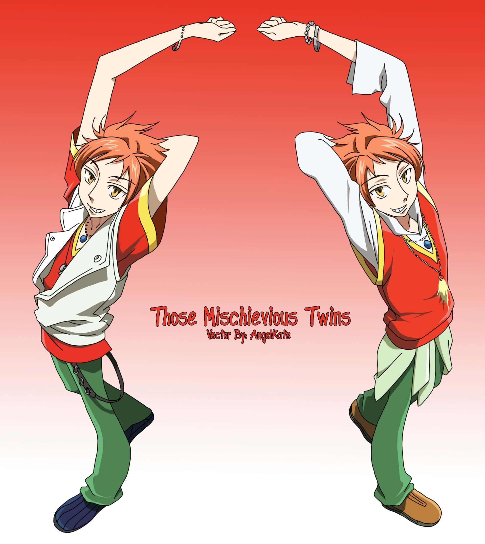 Hikaru Hitachiin 桌布 壁紙 — 兩個一模一樣的動漫雙胞胎，擁有尖刺的橙色頭髮，在漸變紅色背景前擺出俏皮的鏡像姿勢。