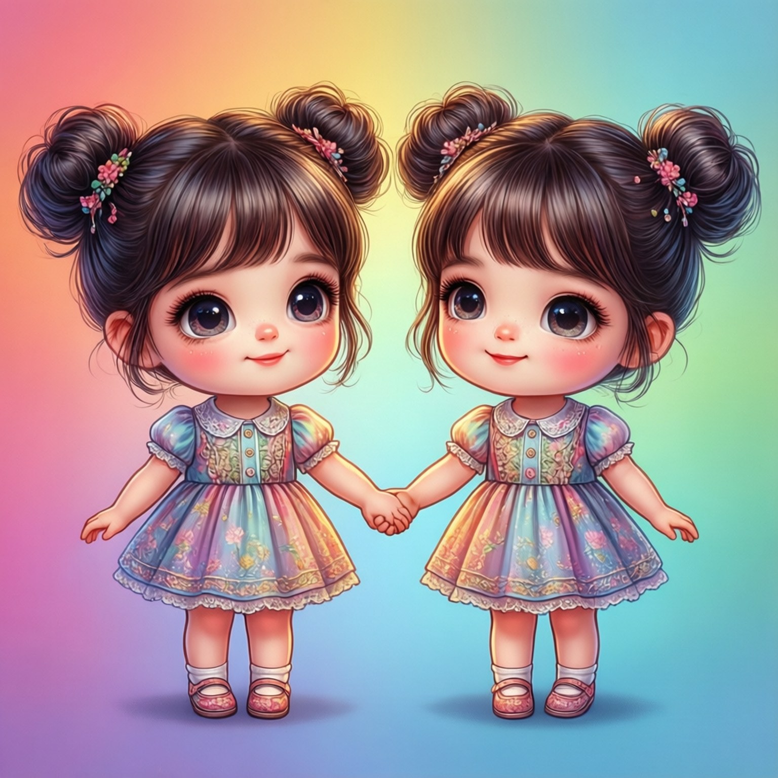 Cartoon Besties Twins 壁紙 — 兩個穿著花卉連衣裙的相同卡通女孩在柔和的彩虹漸變背景下牽手。