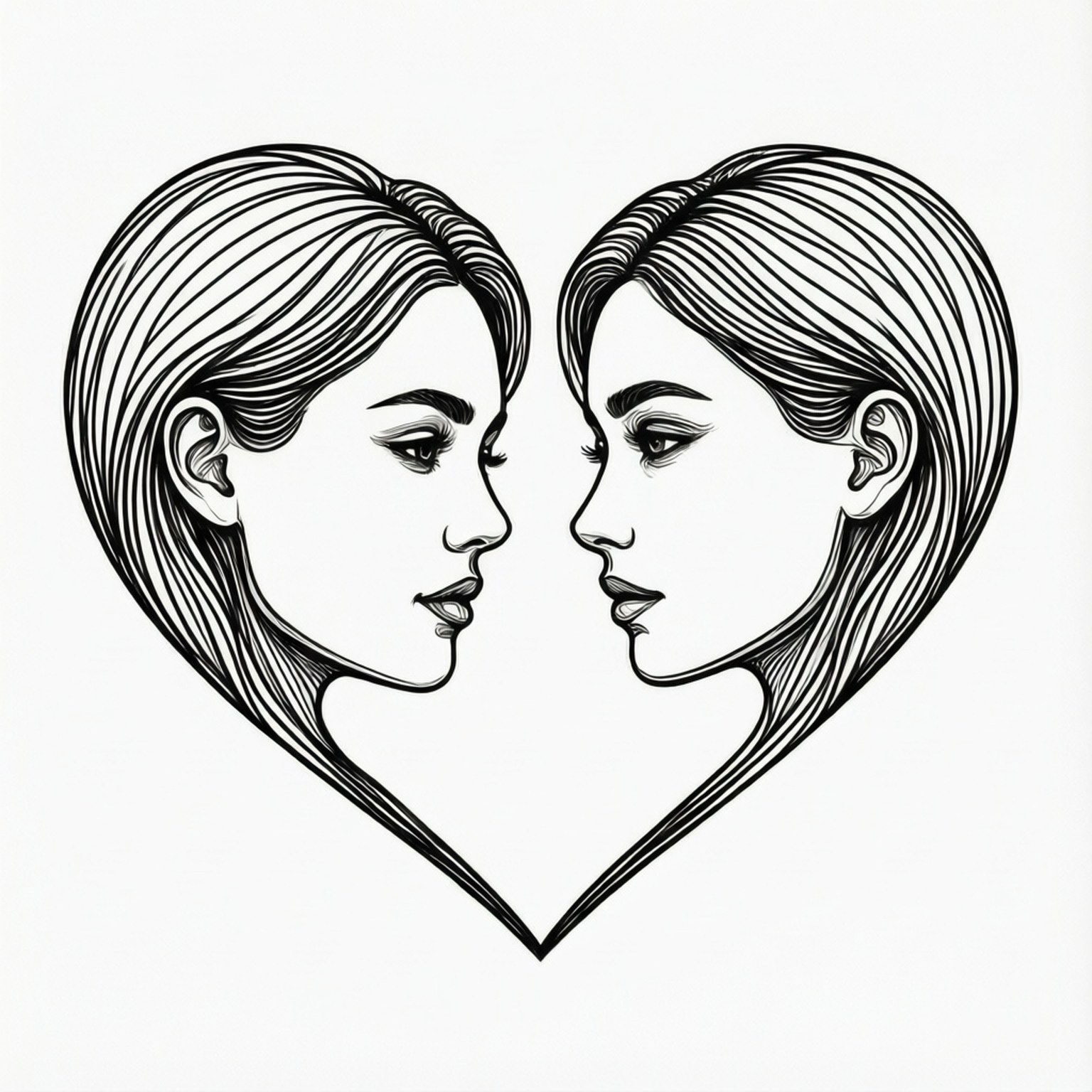 Line Art Heart Faces 壁紙 — 兩個相同的女性側面相對，形成一個心形，帶有流動的頭髮和粗黑線條，背景為白色。