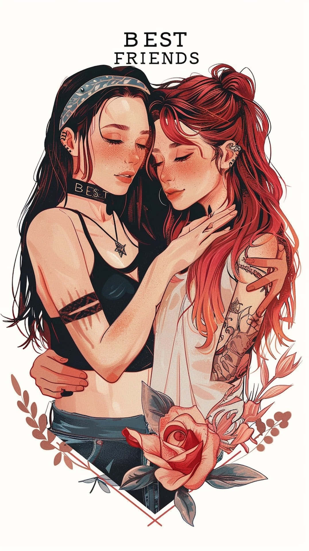  壁紙 — 兩個有刺青的插圖女性在「BEST FRIENDS」文字下，與玫瑰和月桂花環溫柔擁抱。