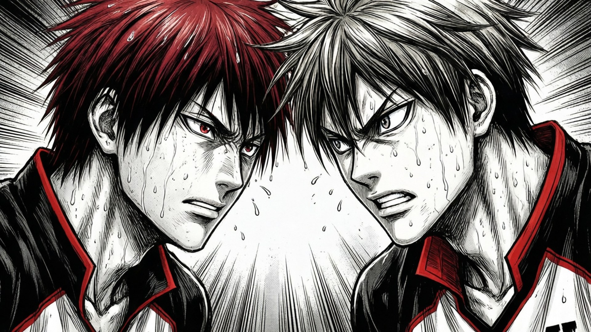 Kuroko's Basketball 桌布 壁紙 — 兩位激烈的動漫籃球運動員互相瞪視，汗水飛濺，動態線條強調了他們激烈的競爭。