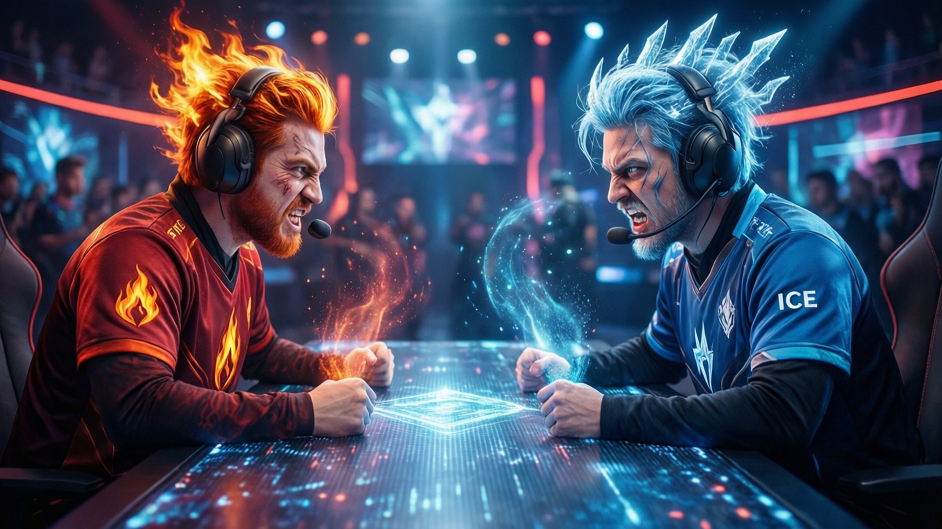 Heated Rivalry 桌布 壁紙 — 兩位激烈的電競選手在發光的桌子前對峙，熾熱與冰霜魔法在他們之間爆發，競技場充滿活力。