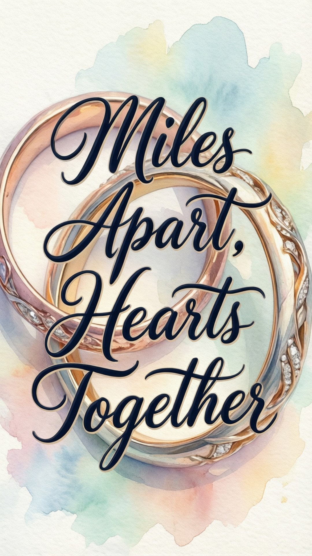 Miles Apart Hearts Together 壁紙 — 兩枚交織的黃金結婚戒指鑲有鑽石，放置在藍色、粉紅色和黃色的柔和水彩洗滌上，並以優雅的黑色字體寫著「Miles Apart Hearts Together」。