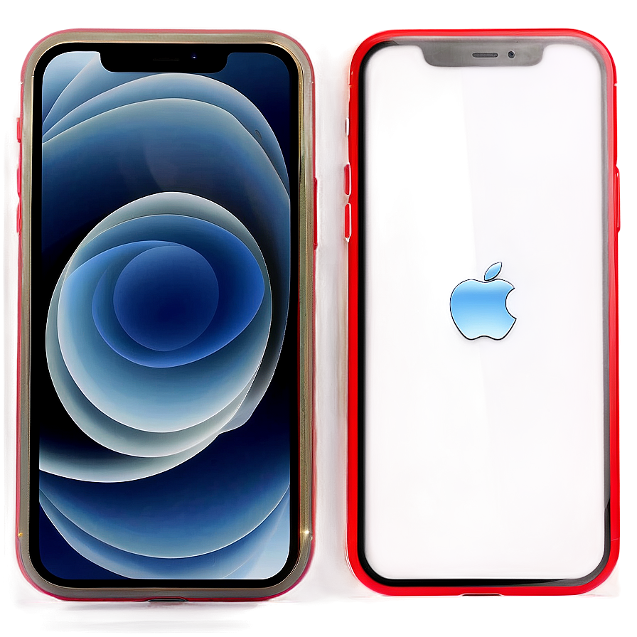 兩部iPhone發出紅色和金色光芒，顯示藍色漩渦和Apple標誌。 — iPhone 11 壁紙