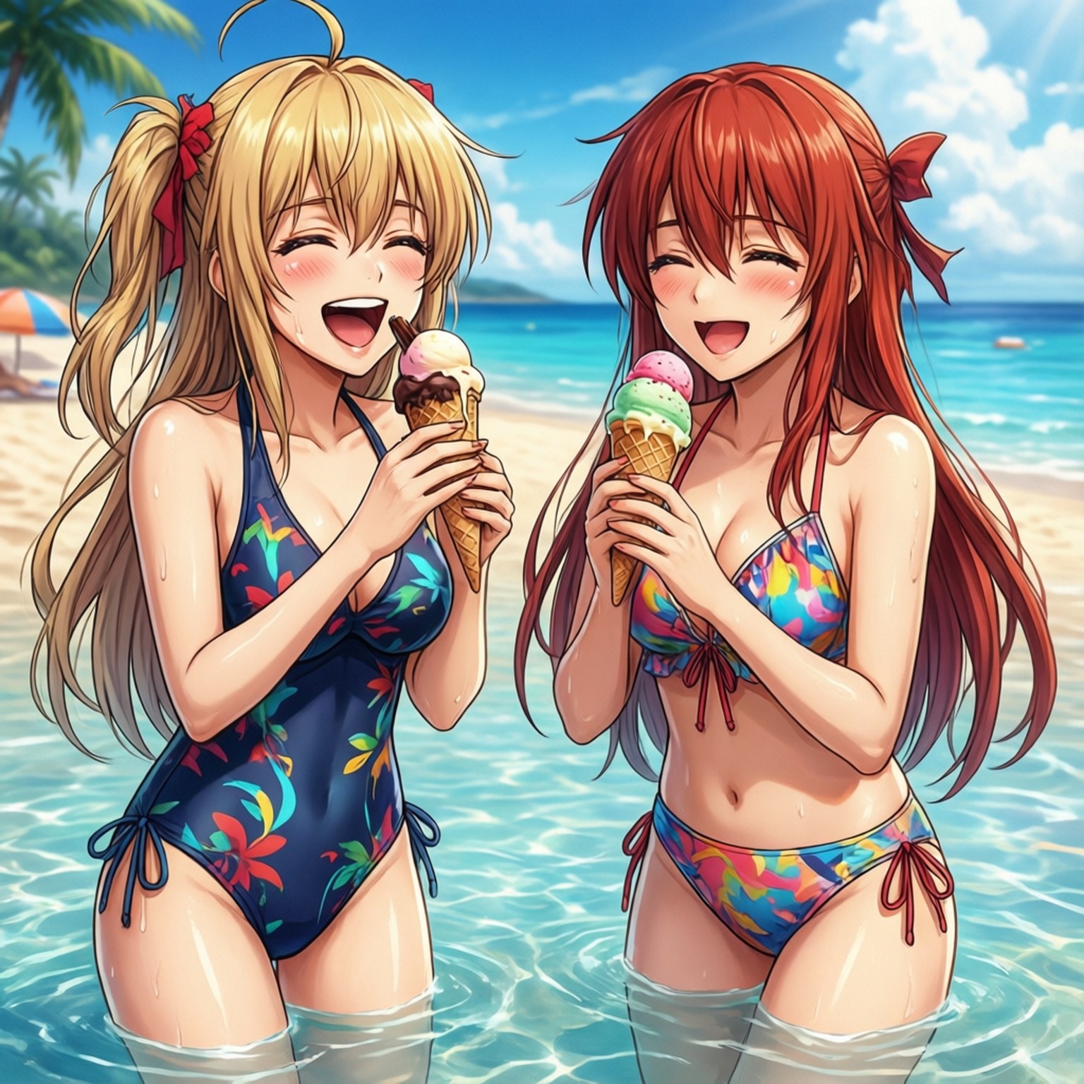 艦隊收藏沙灘日 壁紙 — 兩個穿著色彩繽紛泳衣的開心動畫女孩在陽光沙灘的淺海水中一邊吃冰淇淋甜筒一邊大笑。
