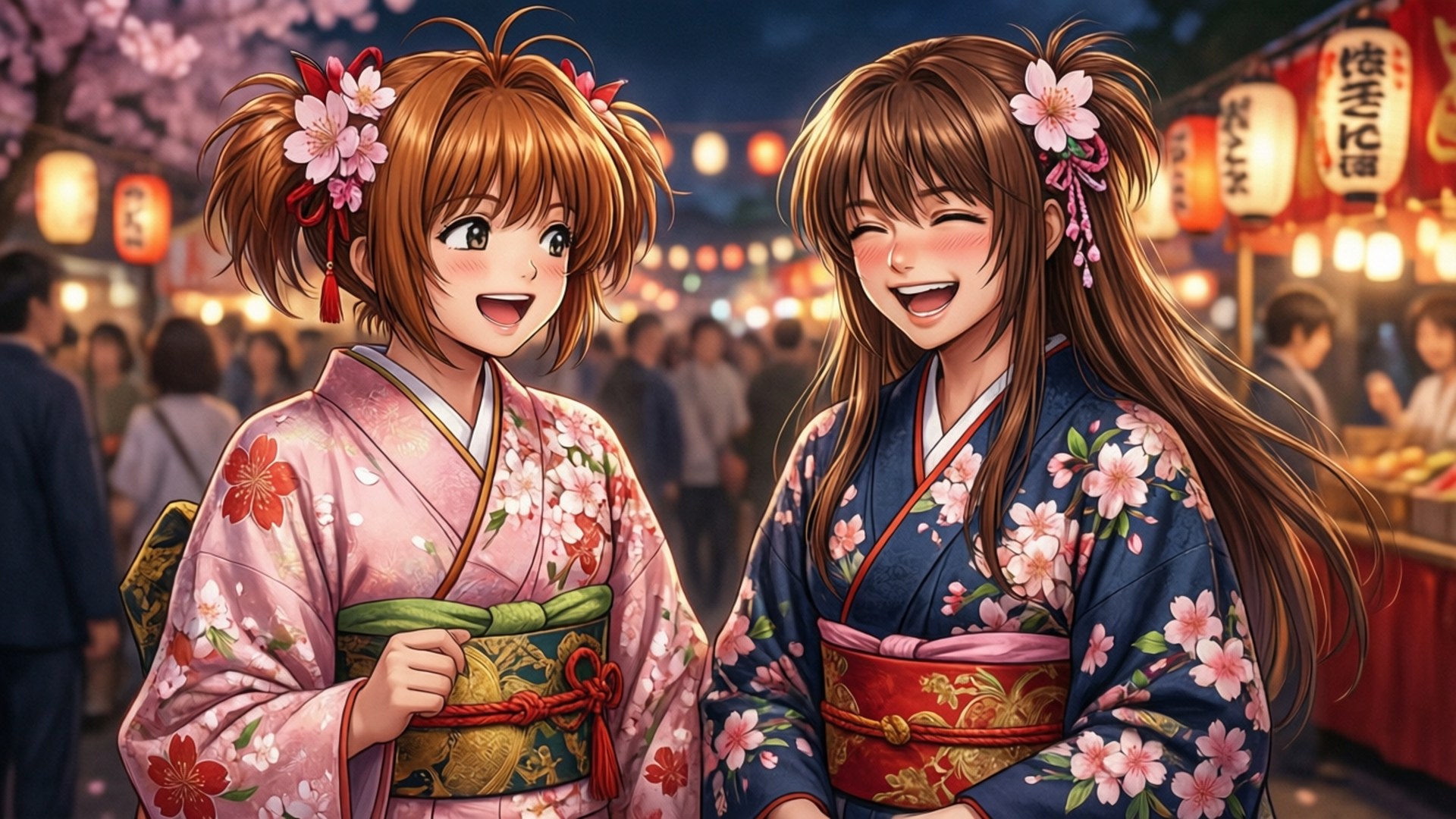 Festival Night 壁紙 — 兩個穿著花卉和服的歡樂動漫女孩在熱鬧的櫻花節中，在發光的燈籠下大笑。