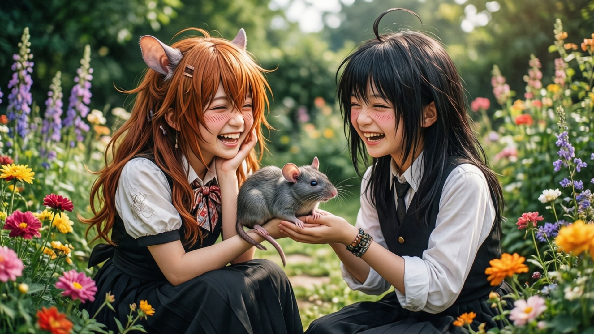Aisha and Norn Playing 壁紙 — 兩個歡樂的動漫女孩，長著動物耳朵，在充滿活力的花園裡抱著一隻小灰鼠，一起大笑。
