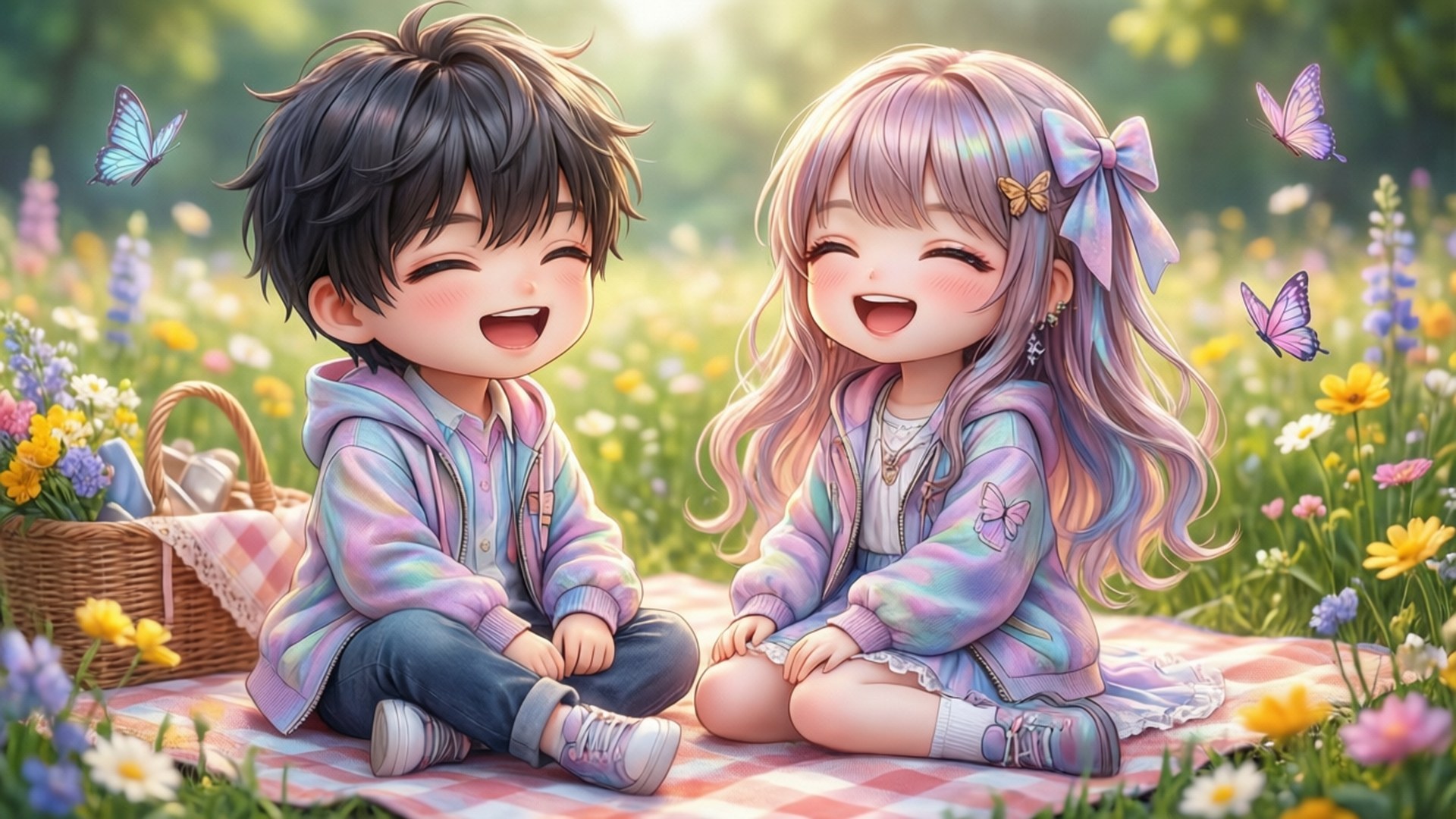 Picnic Date in Flowers 壁紙 — 兩個快樂的動漫風格小孩在野餐墊上一起大笑，周圍是盛開的花朵和翩翩起舞的蝴蝶。