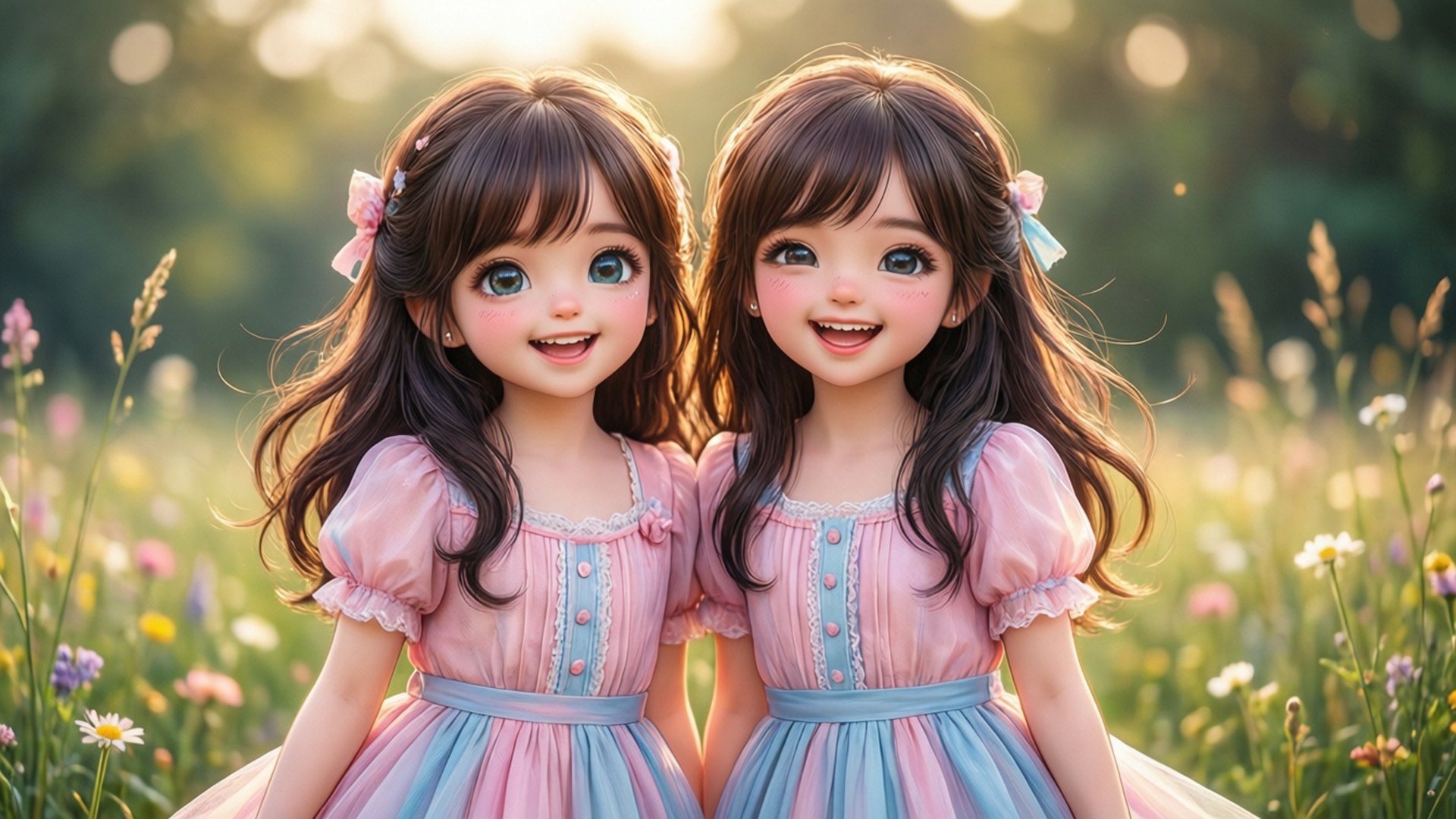 Maizen Sisters 桌布 壁紙 — 兩位身穿粉紅色和藍色連衣裙的歡樂動漫風格女孩在陽光明媚的野花草甸中微笑。