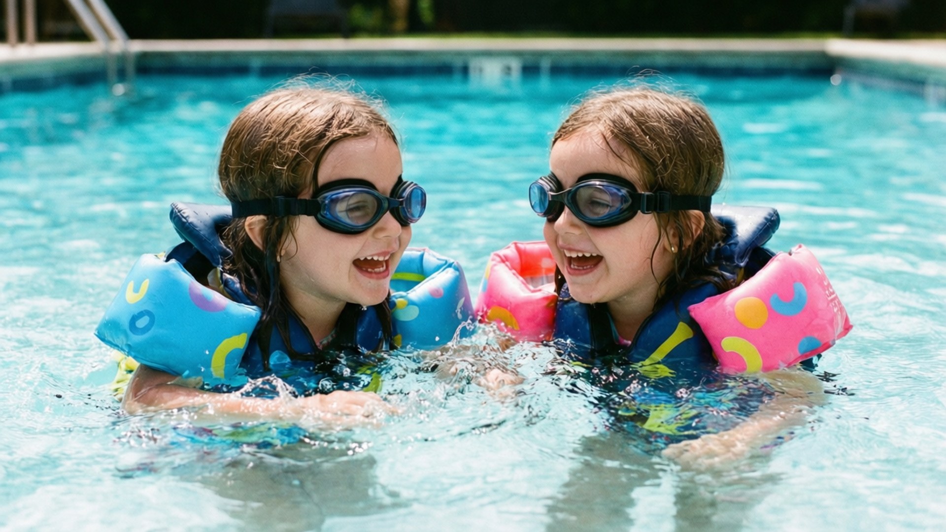 Girls Having Fun in Pool 壁紙 — 兩個快樂的孩子戴著泳鏡和彩色浮水圈，在陽光普照的游泳池裡一起潑水大笑。