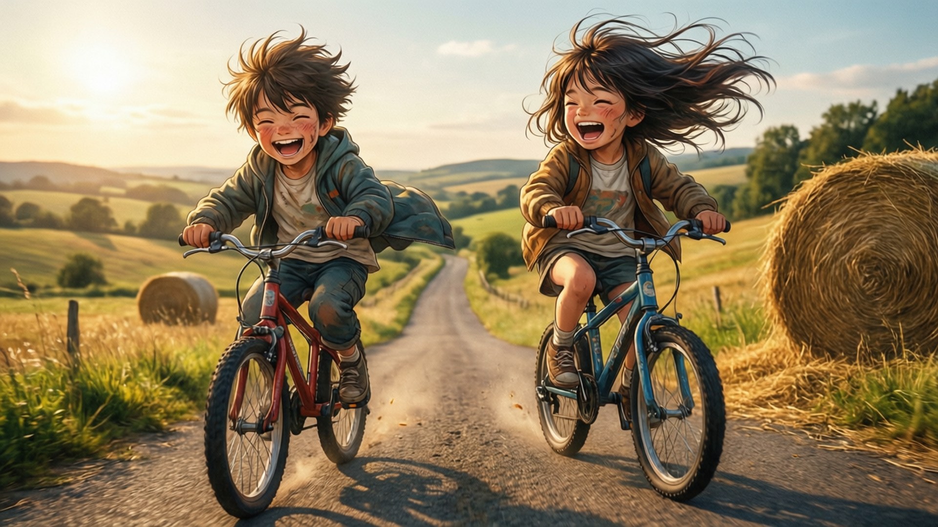 Bicycle Dash 壁紙 — 兩個快樂的孩子笑著騎腳踏車沿著陽光明媚的鄉村道路經過乾草捆。