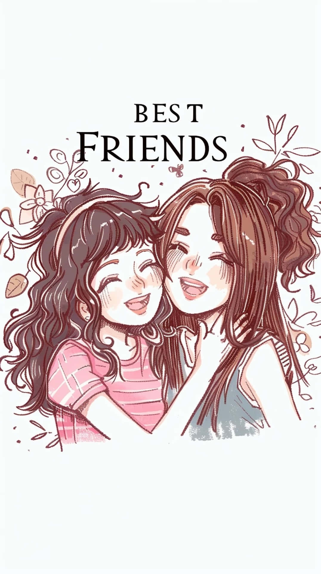  壁紙 — 兩個快樂的捲髮女孩緊緊擁抱，周圍環繞著花卉塗鴉和「最好的朋友」文字。