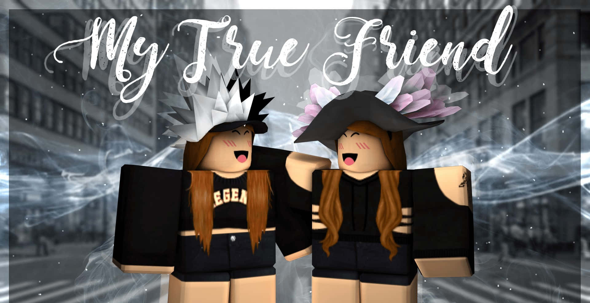 兩個微笑的Roblox角色，戴著帽子和黑色服裝，在發光的城市場景中。 — Roblox 壁紙