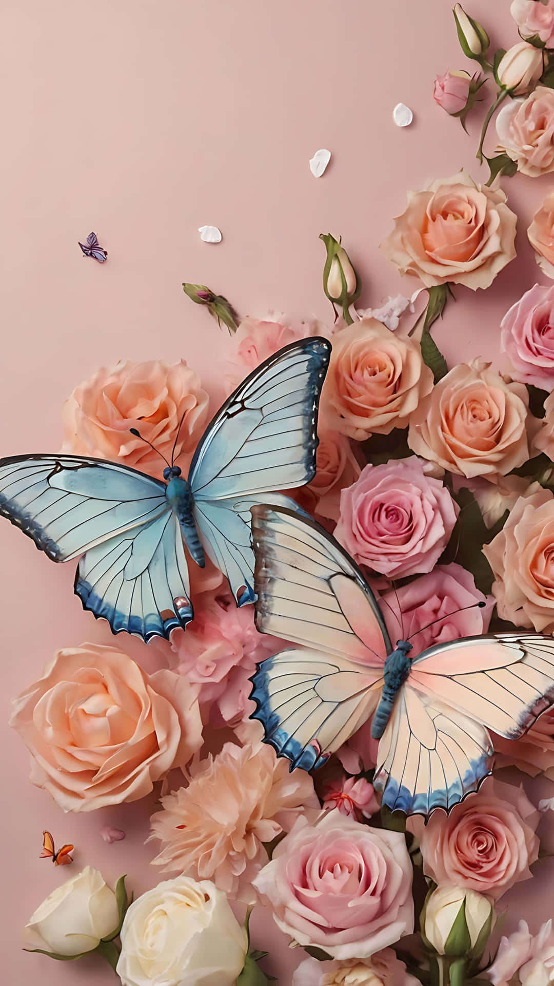 Romantic Butterfly Kiss smartphone wallpaper 壁紙 — 兩隻藍白相間的大蝴蝶在柔和的粉紅蜜桃色和白色玫瑰之間，停留在粉彩粉紅背景上。