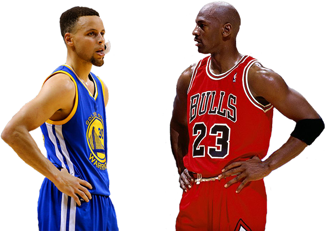 兩位身穿球隊球衣的傳奇籃球運動員面對面。 — NBA 壁紙